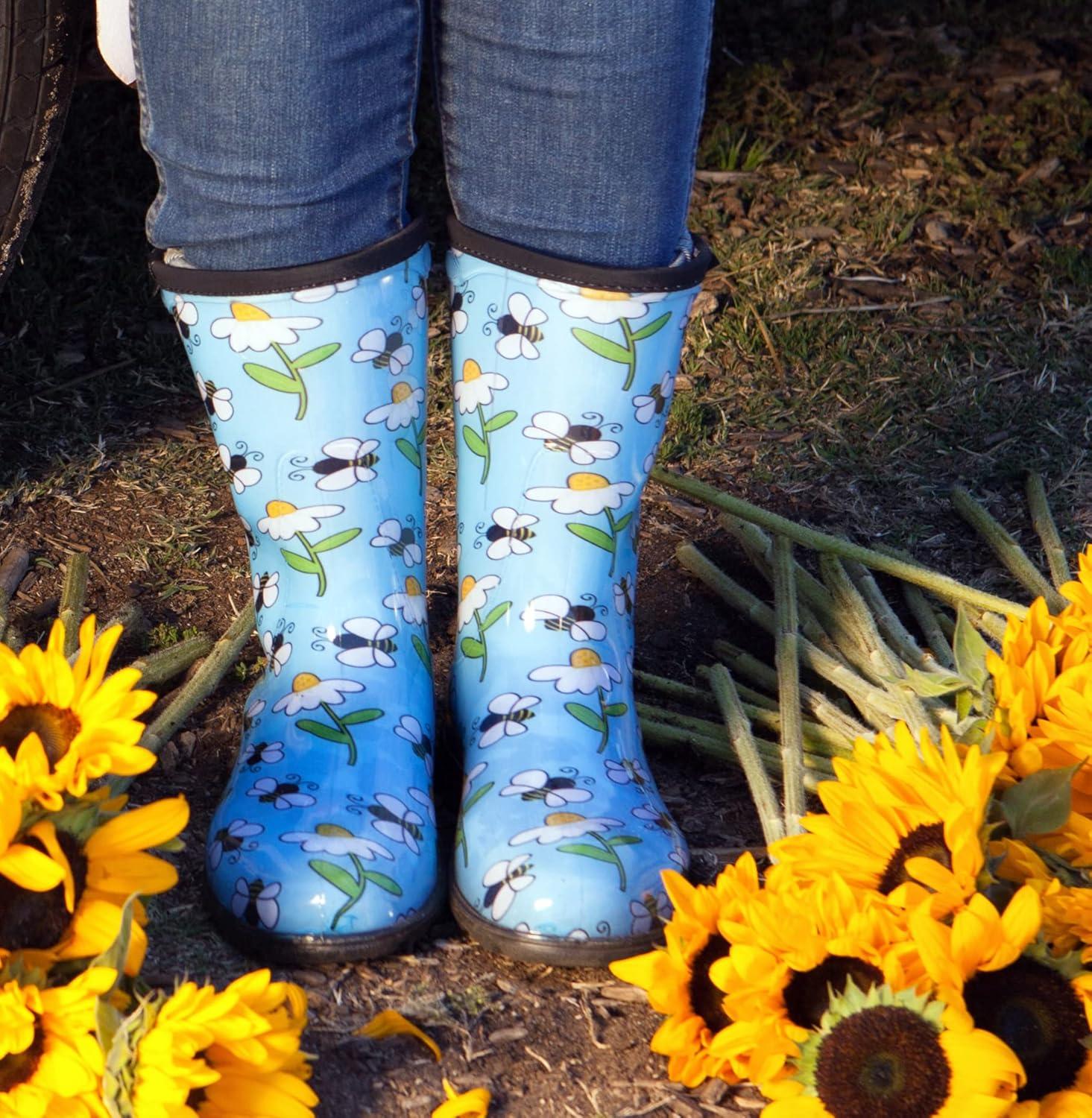 imageSloggers Waterproof Garden Rain Boots for Women Cute MidCalf Mud amp Muck Boots with Premium Comfort Support InsoleBee Print Light Blue