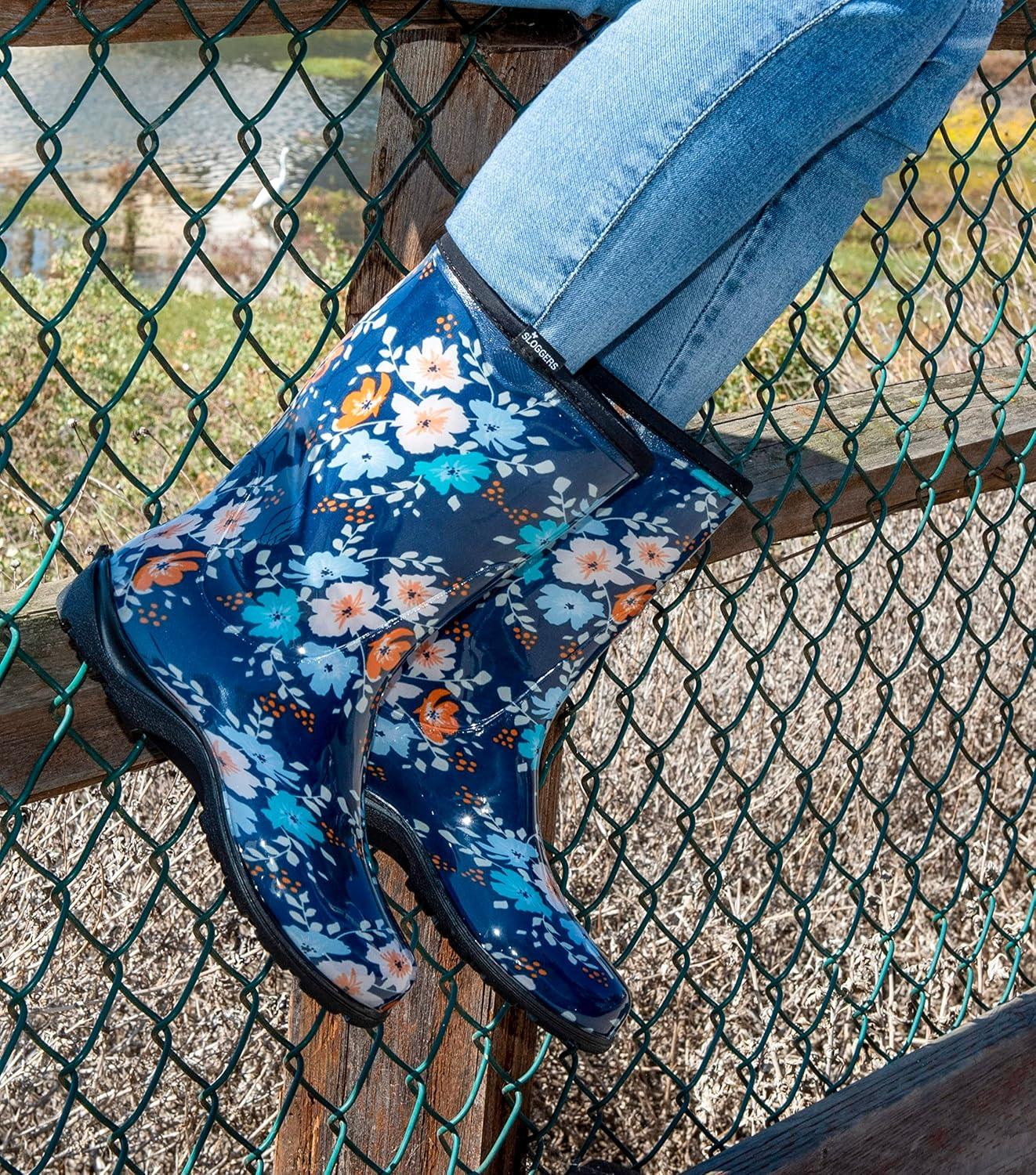 imageSloggers Waterproof Garden Rain Boots for Women Cute MidCalf Mud amp Muck Boots with Premium Comfort Support InsoleFloral Fun Print Blue