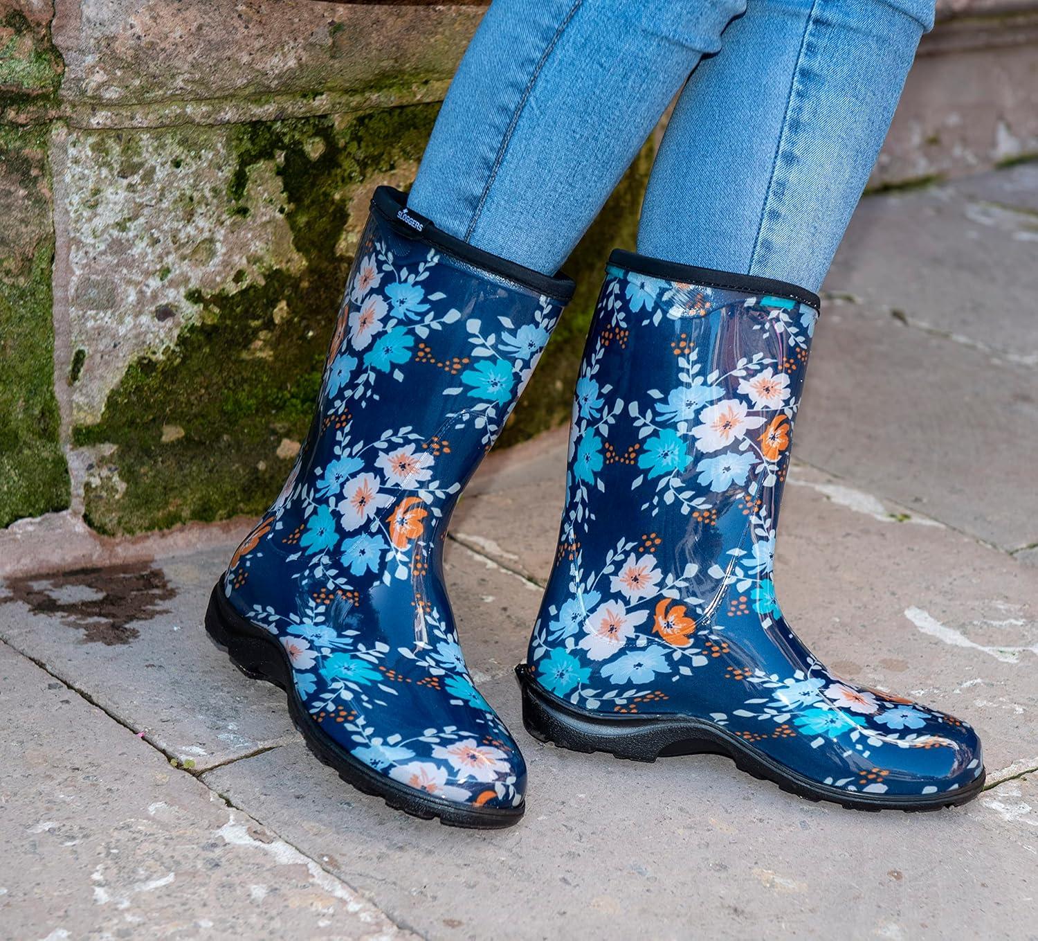 imageSloggers Waterproof Garden Rain Boots for Women Cute MidCalf Mud amp Muck Boots with Premium Comfort Support InsoleFloral Fun Print Blue