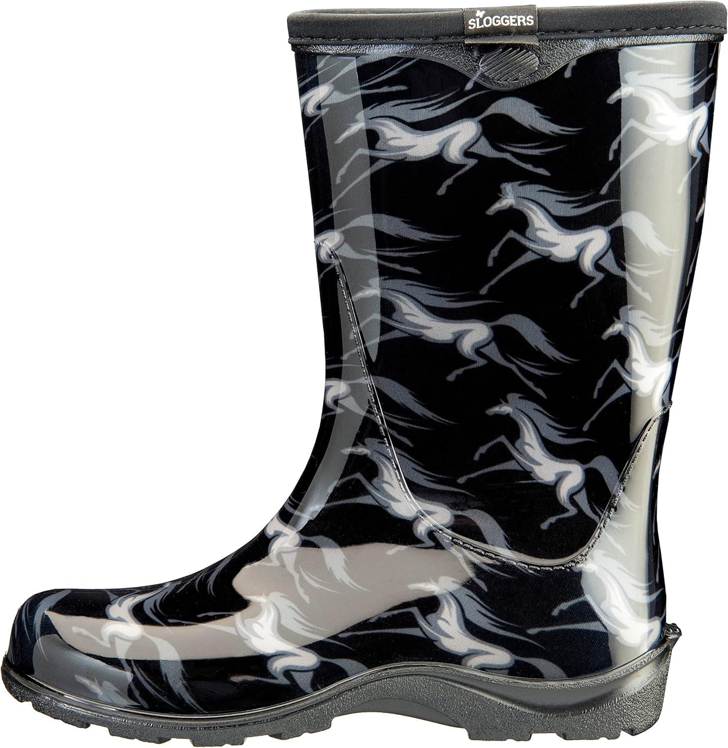 imageSloggers Waterproof Garden Rain Boots for Women Cute MidCalf Mud amp Muck Boots with Premium Comfort Support InsoleFlying Horses Print Black