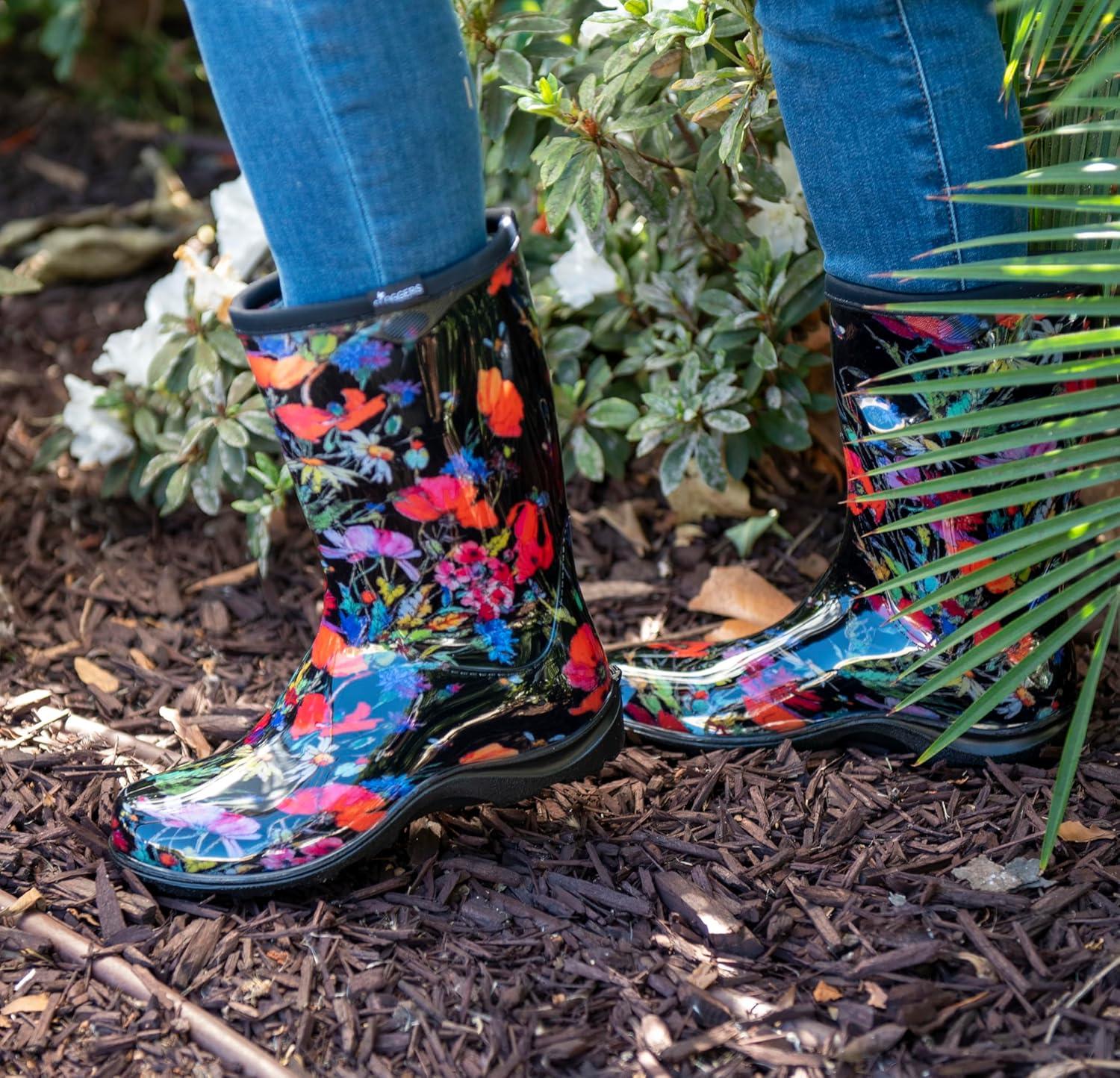imageSloggers Waterproof Garden Rain Boots for Women Cute MidCalf Mud amp Muck Boots with Premium Comfort Support InsoleIn Fields Black