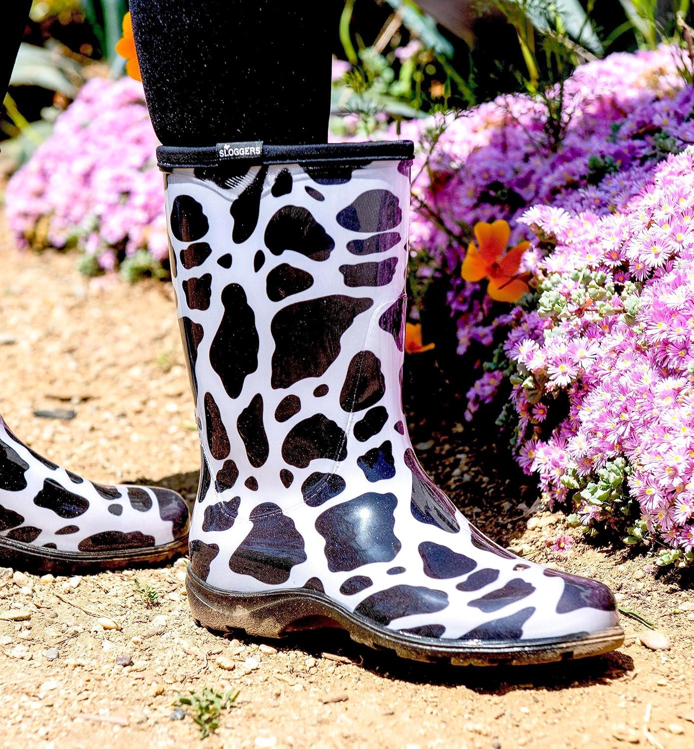 imageSloggers Waterproof Garden Rain Boots for Women Cute MidCalf Mud amp Muck Boots with Premium Comfort Support InsoleMoo Print Black White