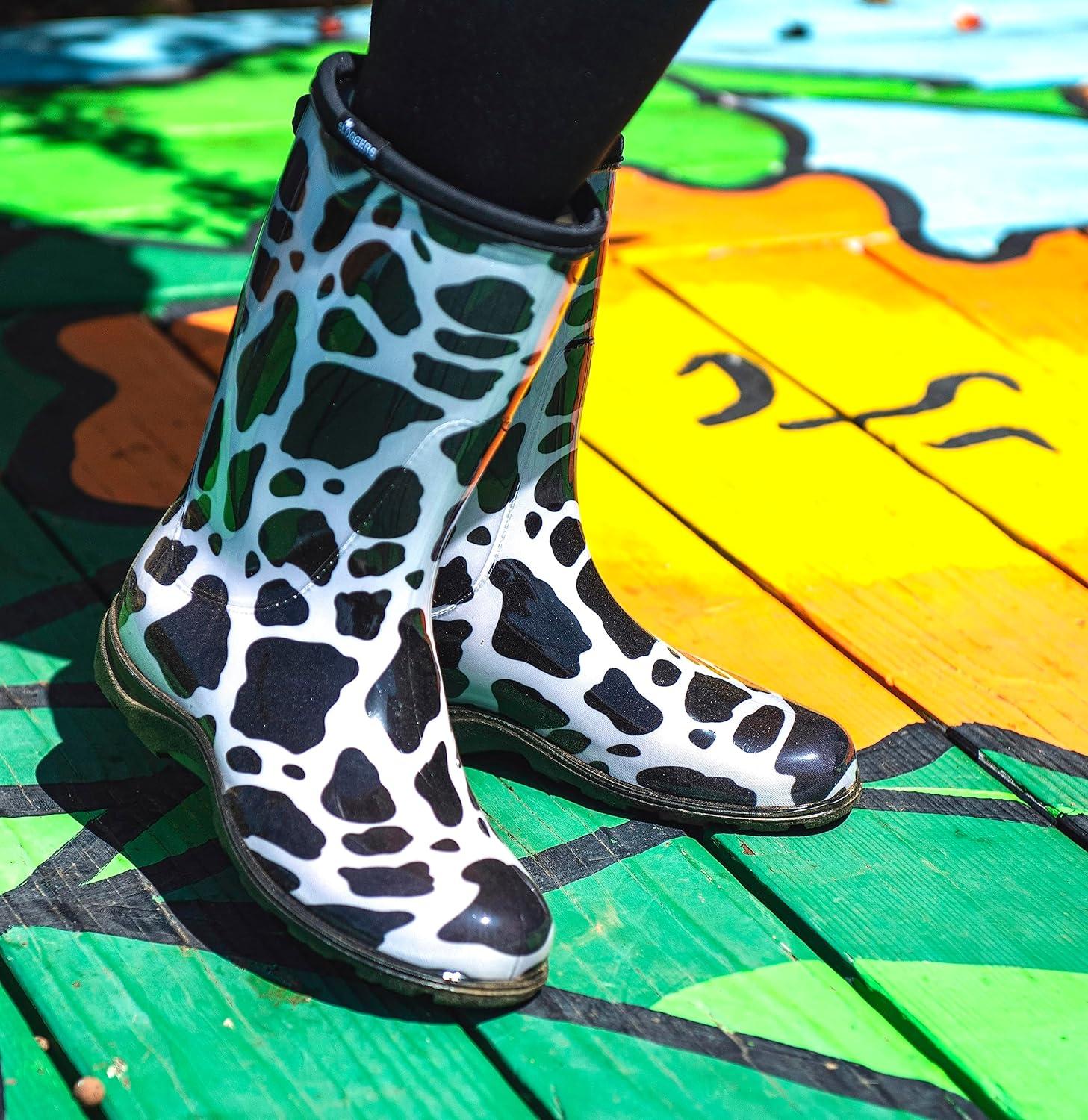 imageSloggers Waterproof Garden Rain Boots for Women Cute MidCalf Mud amp Muck Boots with Premium Comfort Support InsoleMoo Print Black White