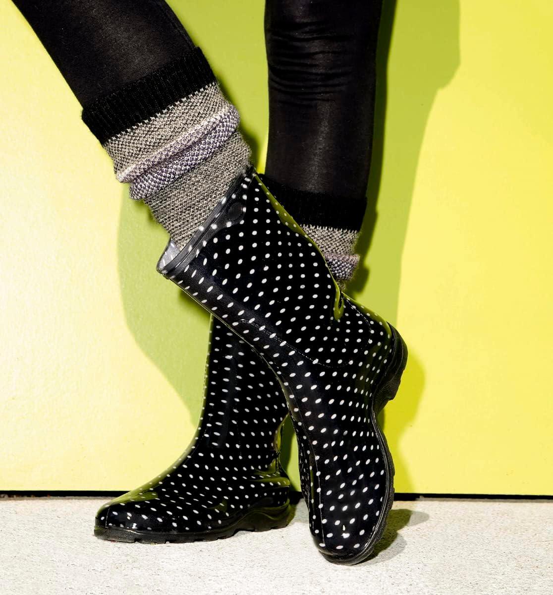 imageSloggers Waterproof Garden Rain Boots for Women Cute MidCalf Mud amp Muck Boots with Premium Comfort Support InsolePolka Dot Print Black and White