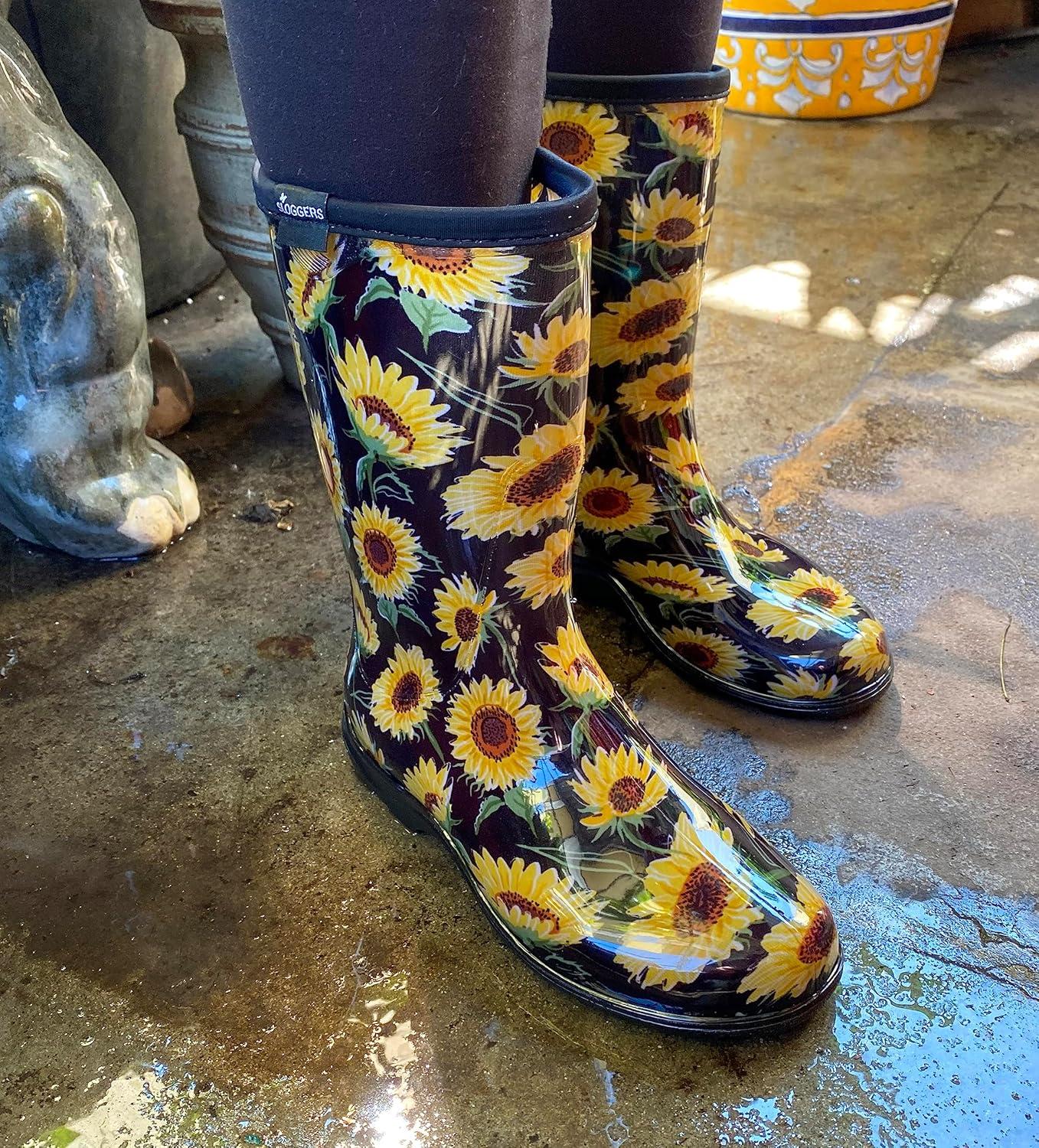 imageSloggers Waterproof Garden Rain Boots for Women Cute MidCalf Mud amp Muck Boots with Premium Comfort Support InsoleSunflower Print Black