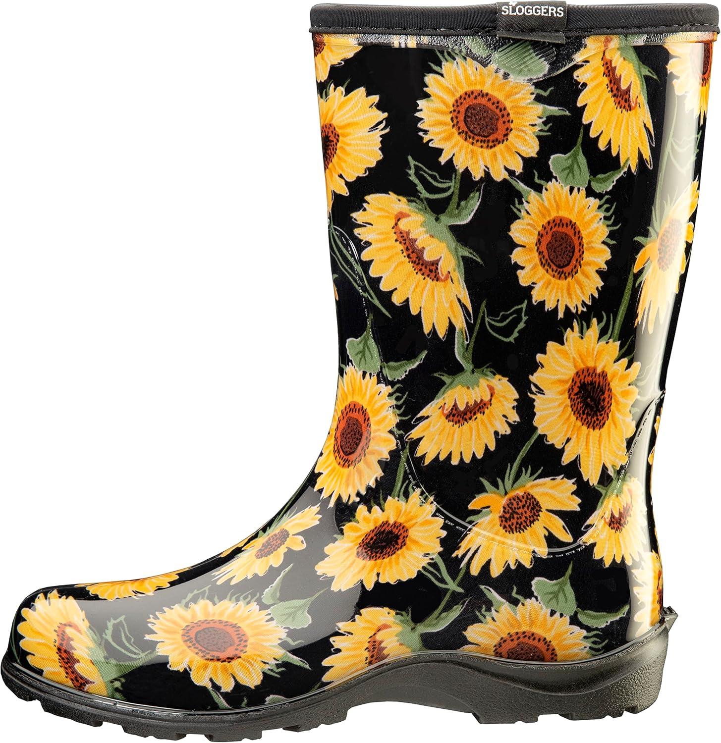 imageSloggers Waterproof Garden Rain Boots for Women Cute MidCalf Mud amp Muck Boots with Premium Comfort Support InsoleSunflower Print Black