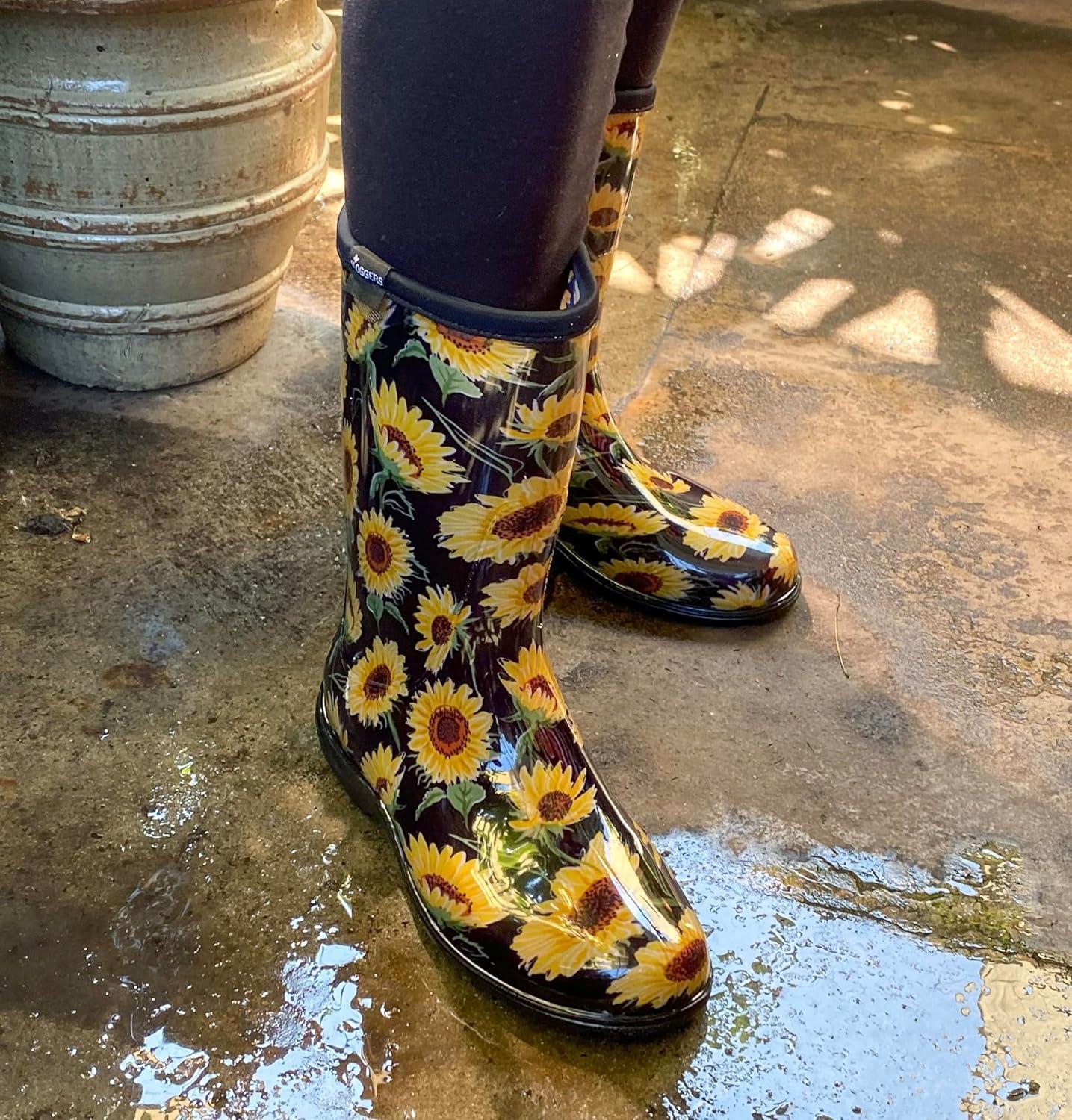 imageSloggers Waterproof Garden Rain Boots for Women Cute MidCalf Mud amp Muck Boots with Premium Comfort Support InsoleSunflower Print Black