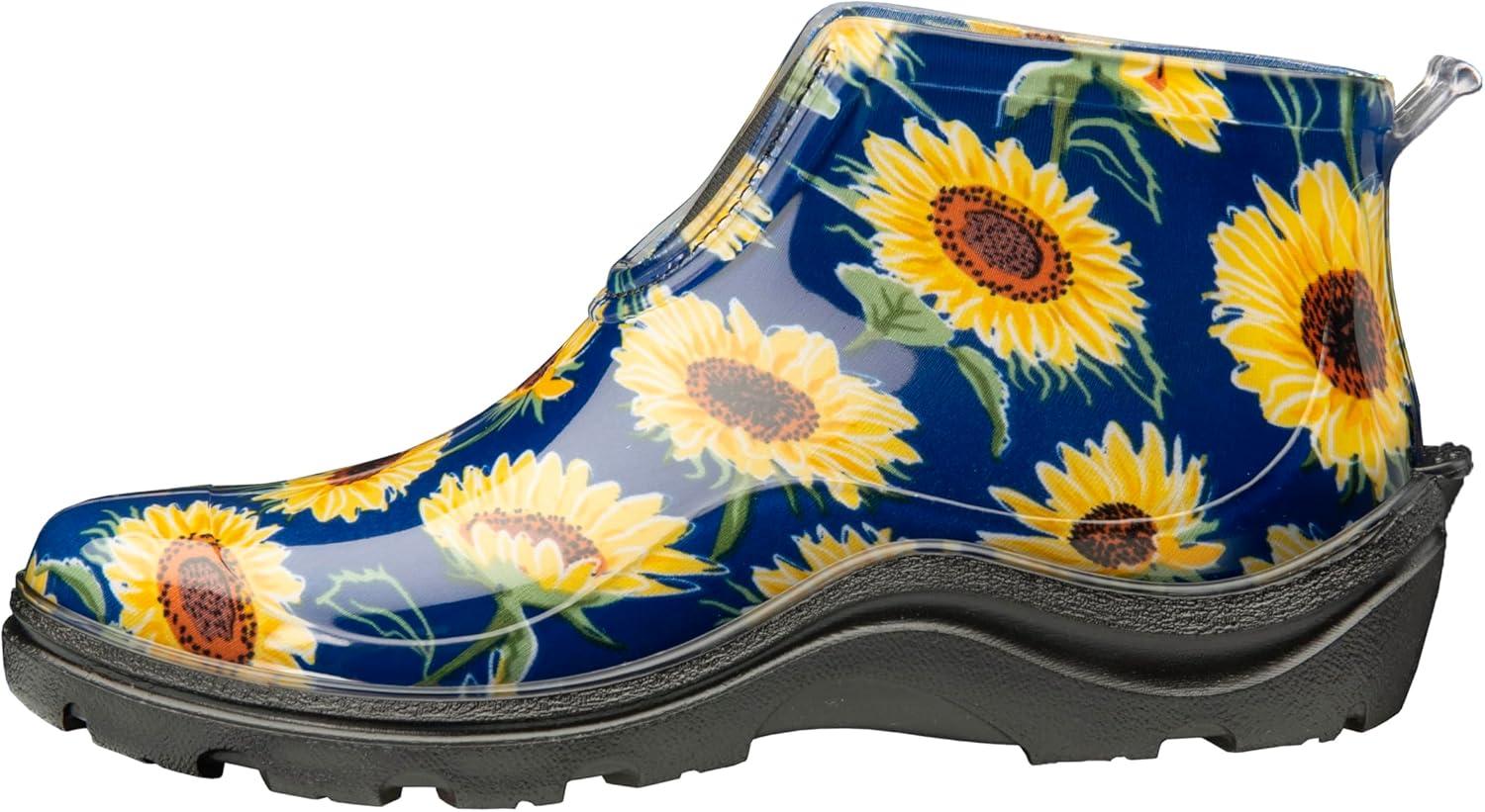 imageSloggers Womans Waterproof Comfort Ankle Boot Garden Rain Booties for Women Mud amp Muck Boots with Premium Comfort Support InsoleSunflower Print Blue