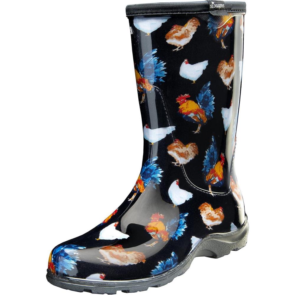 imageSloggers Waterproof Garden Rain Boots for Women  Cute MidCalf Mud amp Muck Boots with Premium Comfort Support InsoleClassic Chicken Print Black