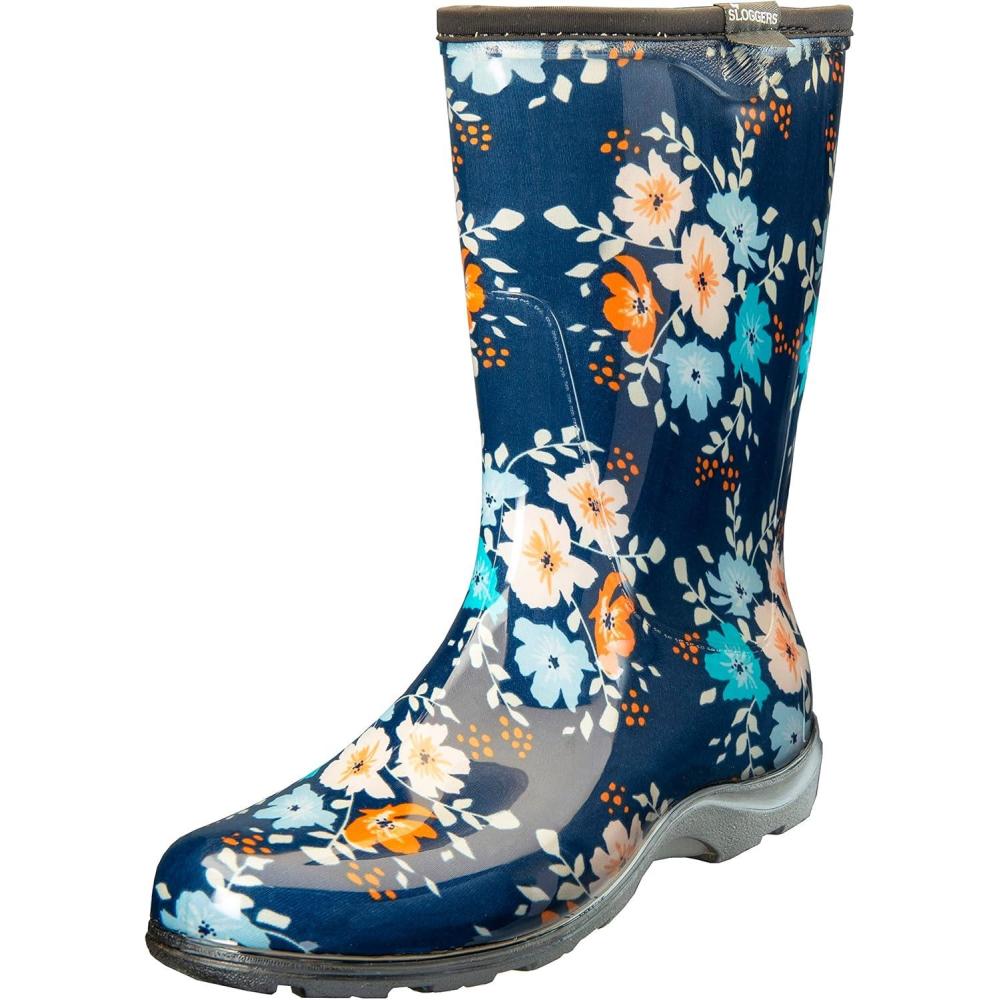 imageSloggers Waterproof Garden Rain Boots for Women Cute MidCalf Mud amp Muck Boots with Premium Comfort Support InsoleFloral Fun Print Blue