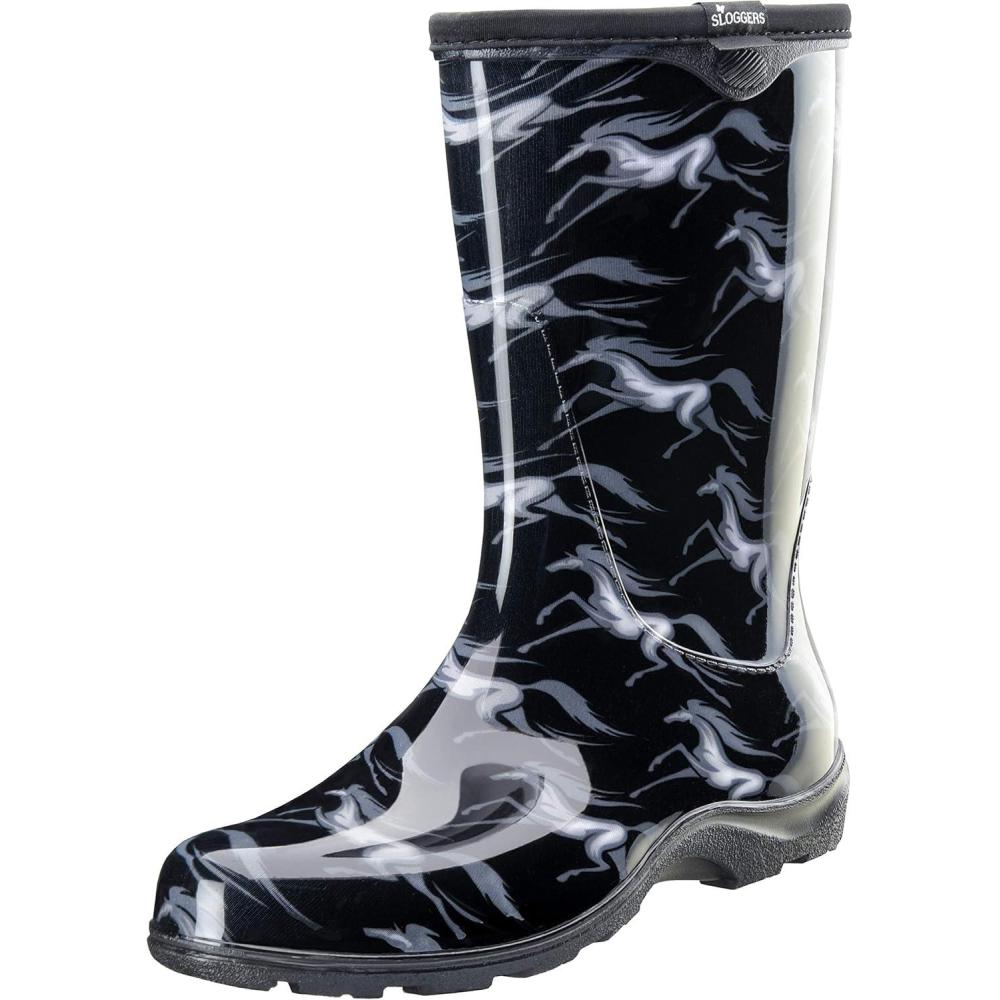 imageSloggers Waterproof Garden Rain Boots for Women  Cute MidCalf Mud amp Muck Boots with Premium Comfort Support InsoleFlying Horses Print Black