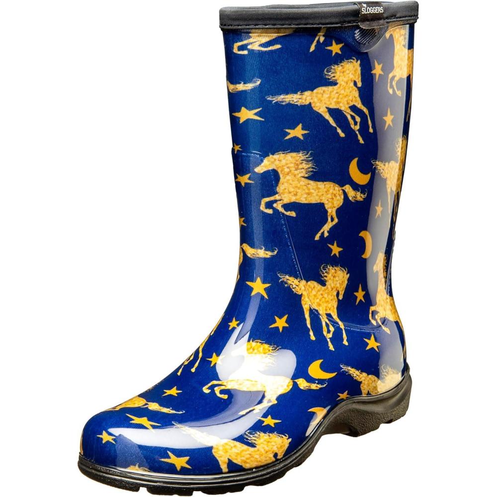 imageSloggers Waterproof Garden Rain Boots for Women Cute MidCalf Mud amp Muck Boots with Premium Comfort Support InsoleHorse Stars Blue
