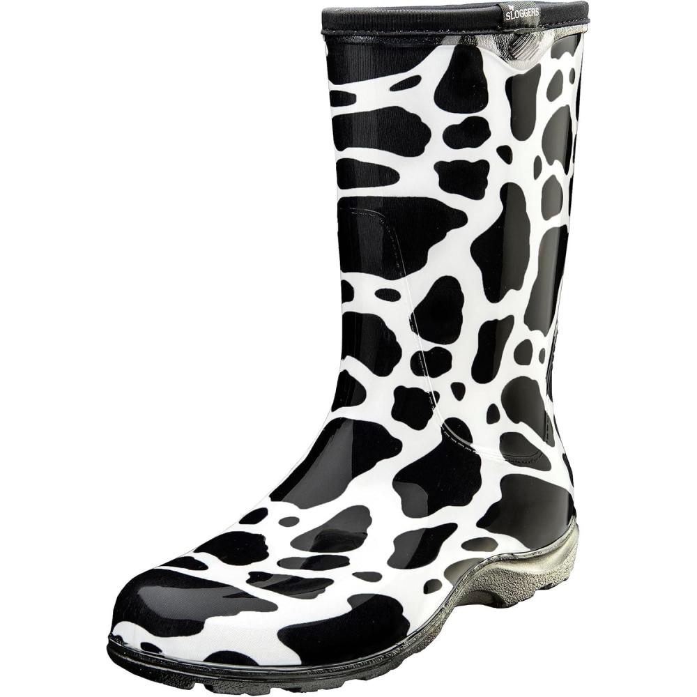 imageSloggers Waterproof Garden Rain Boots for Women Cute MidCalf Mud amp Muck Boots with Premium Comfort Support InsoleMoo Print Black White