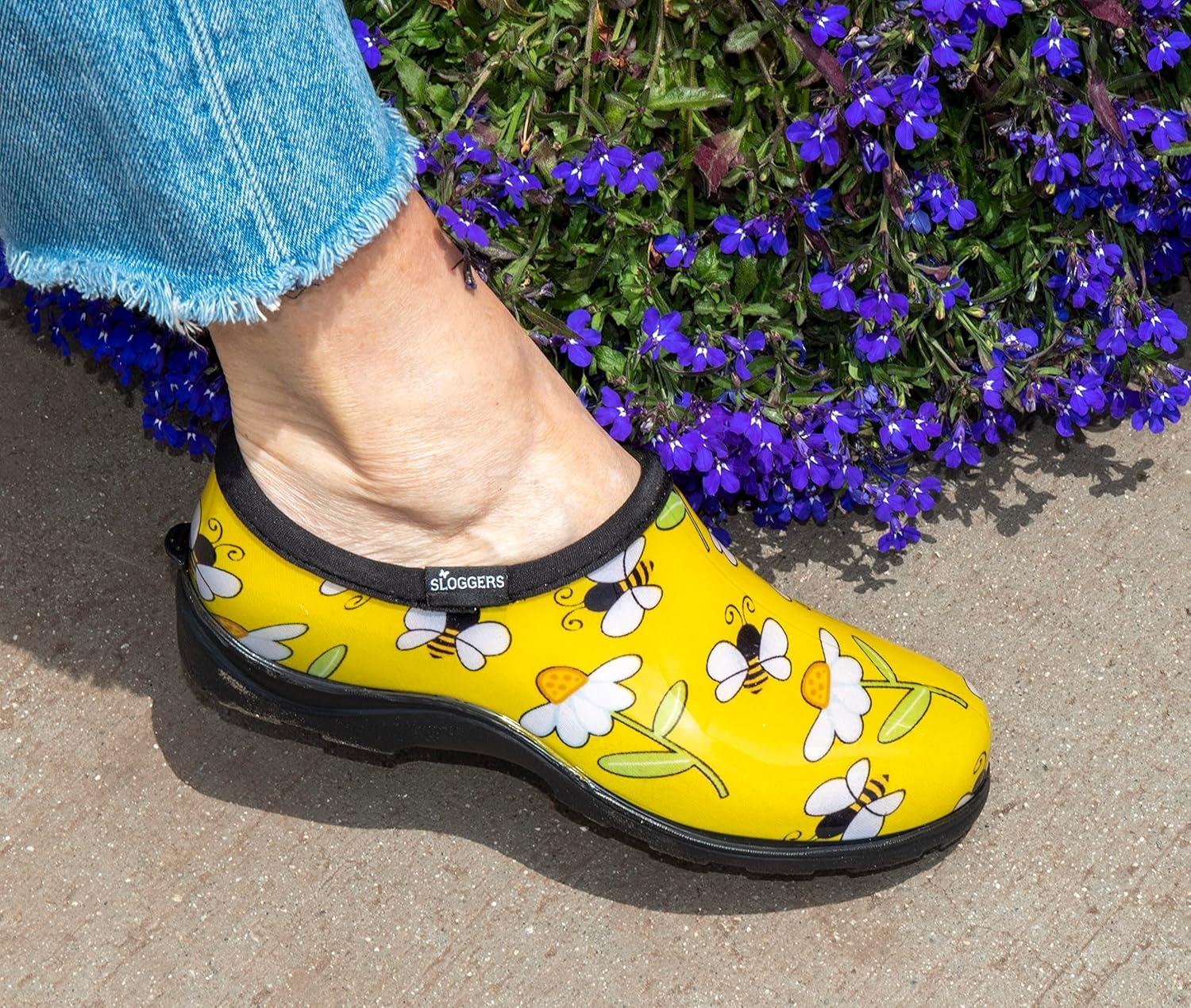 imageSloggers Original Waterproof Rain and Garden Shoe for Women Outdoor SlipOn Garden Clog Made in The USA with Premium Comfort Insole and Arch SupportBee Print Yellow