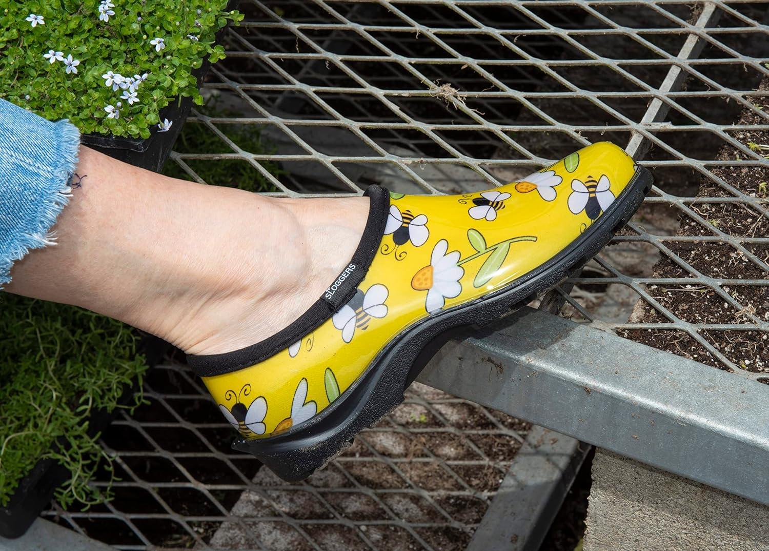 imageSloggers Original Waterproof Rain and Garden Shoe for Women Outdoor SlipOn Garden Clog Made in The USA with Premium Comfort Insole and Arch SupportBee Print Yellow