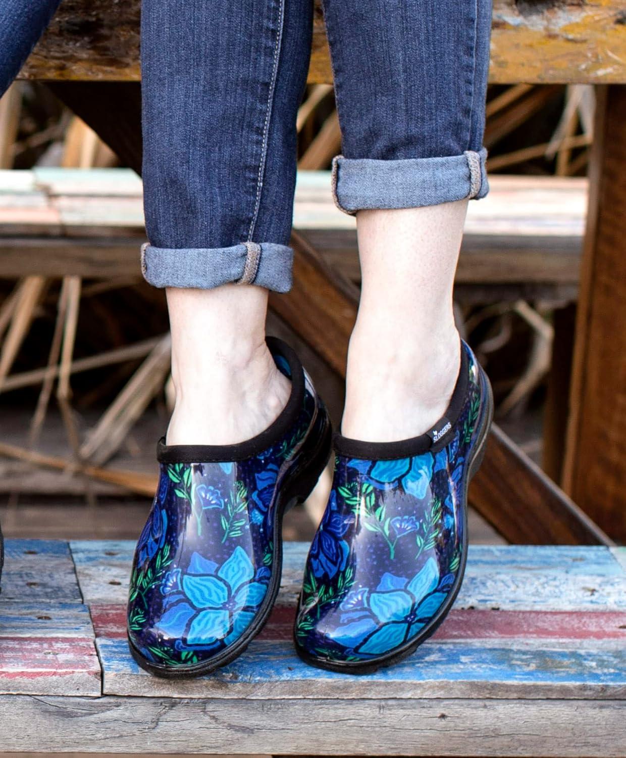 imageSloggers Original Waterproof Rain and Garden Shoe for Women Outdoor SlipOn Garden Clog Made in The USA with Premium Comfort Insole and Arch SupportBlue Spring Surprise Print