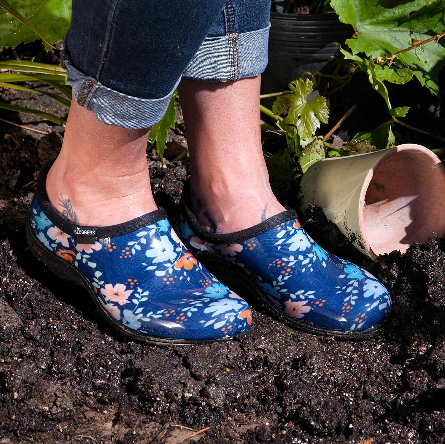 imageSloggers Original Waterproof Rain and Garden Shoe for Women Outdoor SlipOn Garden Clog Made in The USA with Premium Comfort Insole and Arch SupportBlue Floral Fun Print