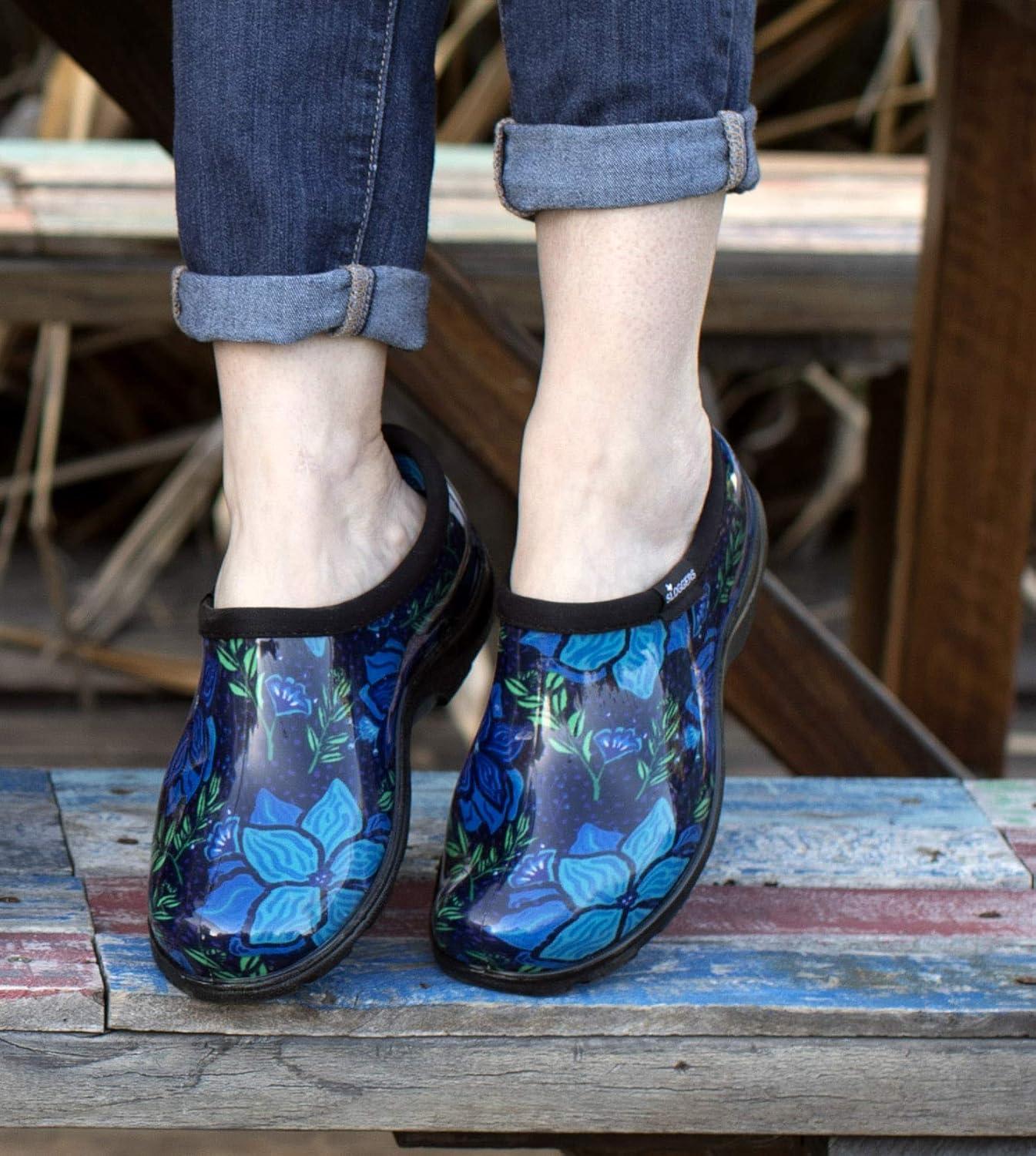 imageSloggers Original Waterproof Rain and Garden Shoe for Women Outdoor SlipOn Garden Clog Made in The USA with Premium Comfort Insole and Arch SupportBlue Spring Surprise Print