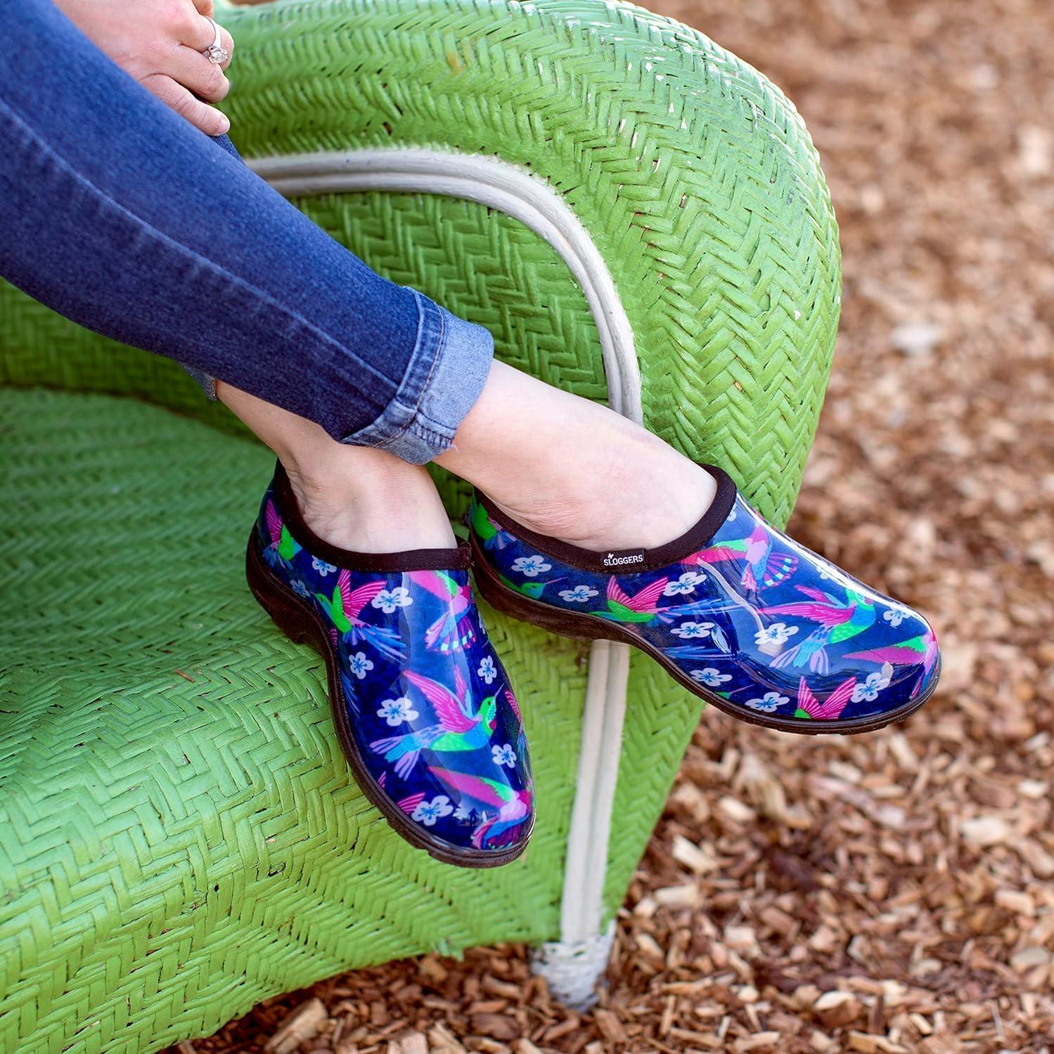 imageSloggers Original Waterproof Rain and Garden Shoe for Women Outdoor SlipOn Garden Clog Made in The USA with Premium Comfort Insole and Arch SupportBluePink Hummingbird Print
