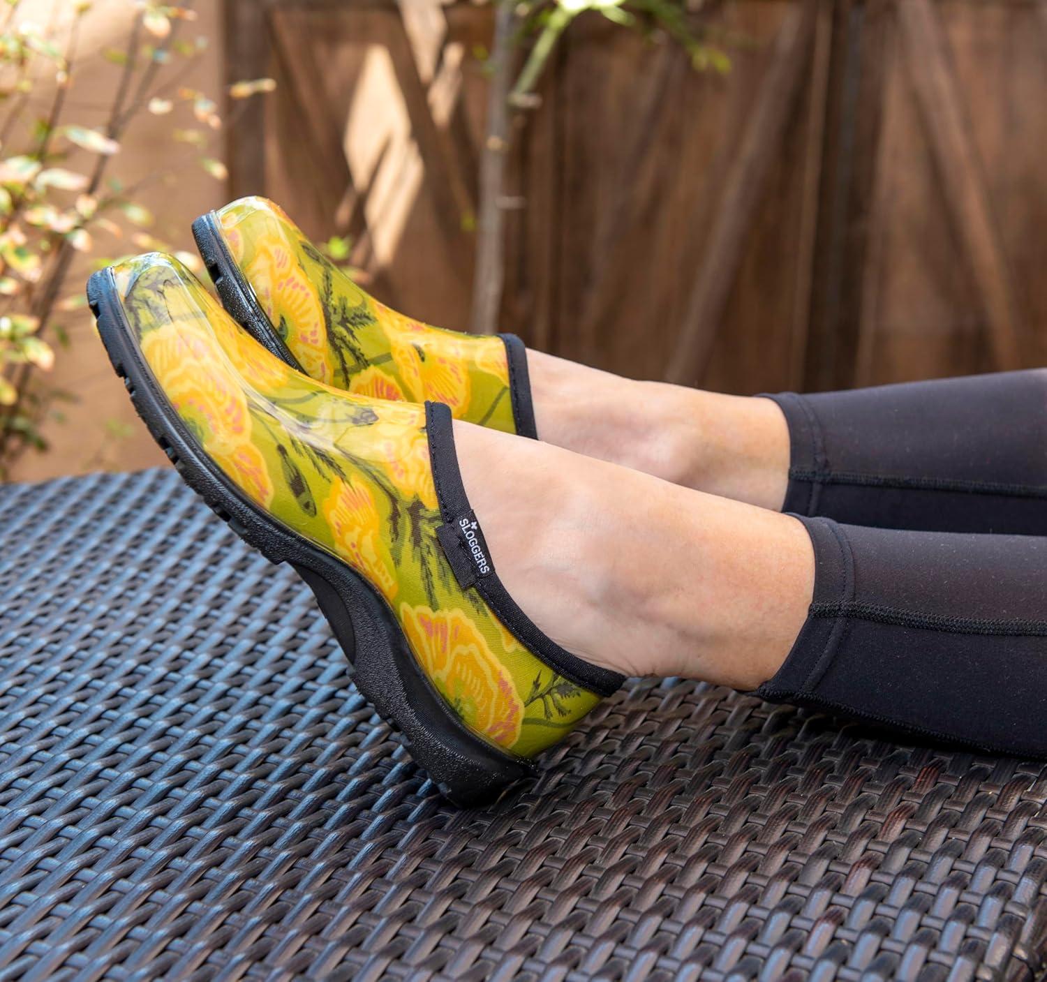 imageSloggers Original Waterproof Rain and Garden Shoe for Women Outdoor SlipOn Garden Clog Made in The USA with Premium Comfort Insole and Arch SupportBold Poppies Lt Green