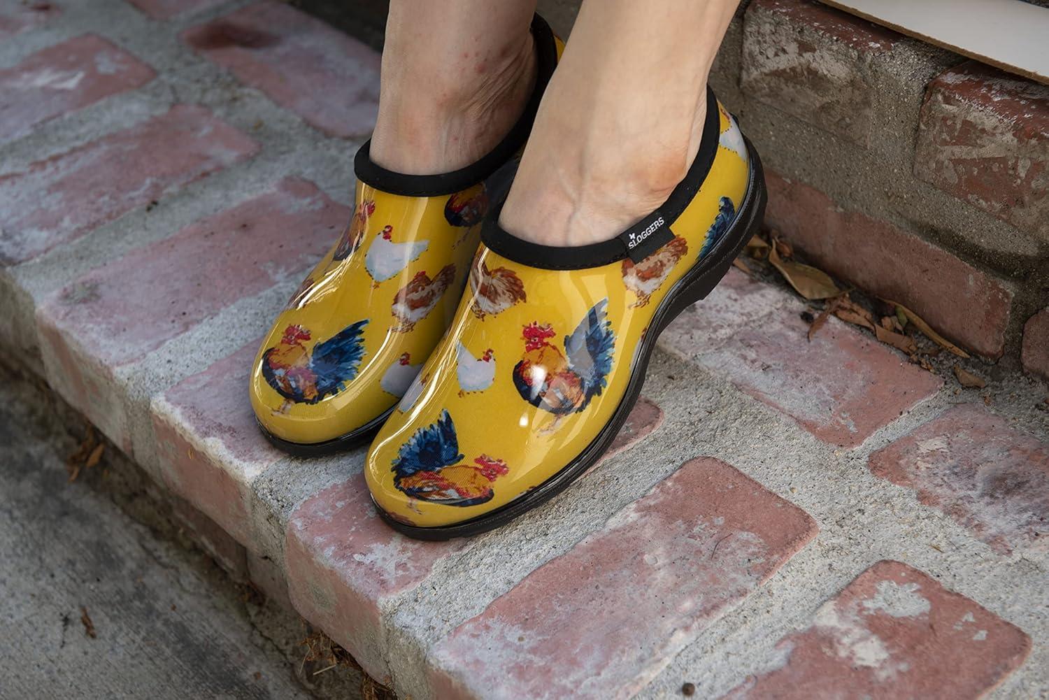 imageSloggers Original Waterproof Rain and Garden Shoe for Women Outdoor SlipOn Garden Clog Made in The USA with Premium Comfort Insole and Arch SupportClassic Chicken Print Yellow