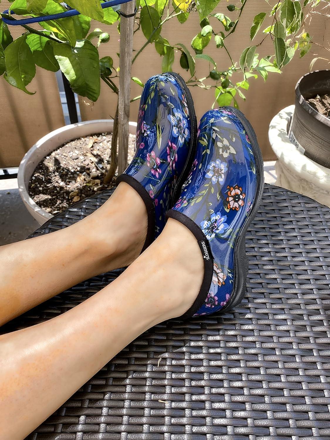 imageSloggers Original Waterproof Rain and Garden Shoe for Women Outdoor SlipOn Garden Clog Made in The USA with Premium Comfort Insole and Arch SupportDitsy Spring Blue