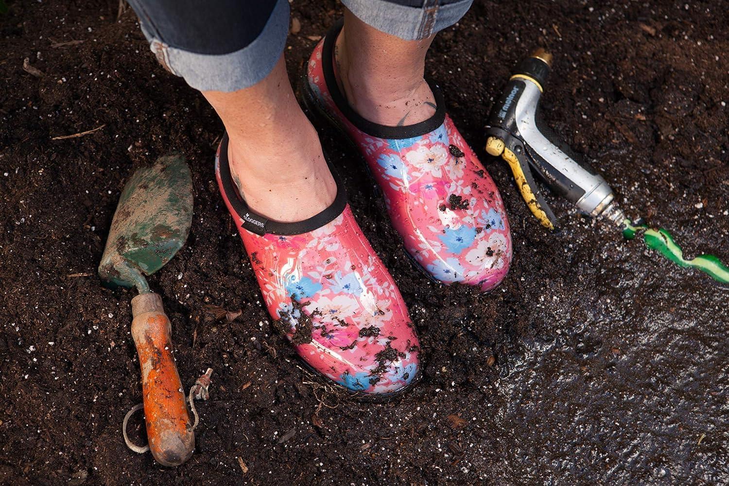 imageSloggers Original Waterproof Rain and Garden Shoe for Women Outdoor SlipOn Garden Clog Made in The USA with Premium Comfort Insole and Arch SupportFloral Fun Coral