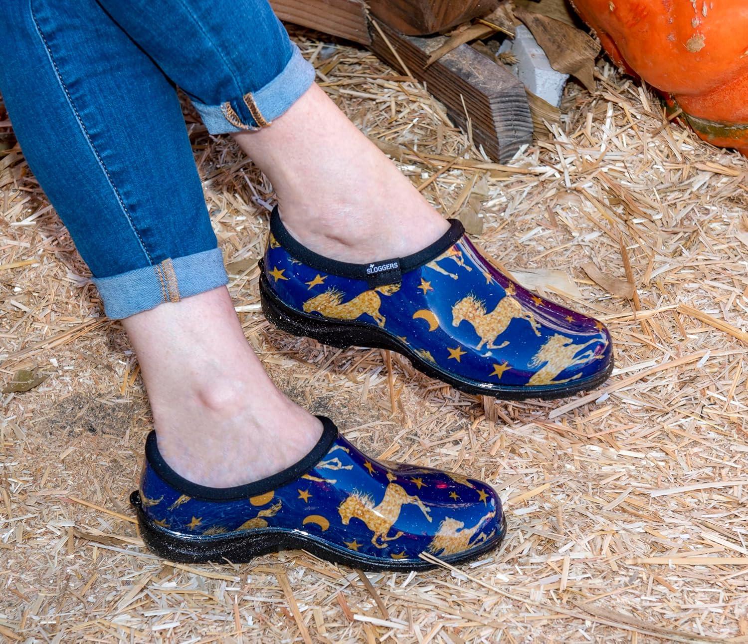 imageSloggers Original Waterproof Rain and Garden Shoe for Women Outdoor SlipOn Garden Clog Made in The USA with Premium Comfort Insole and Arch SupportHorse Stars Blue