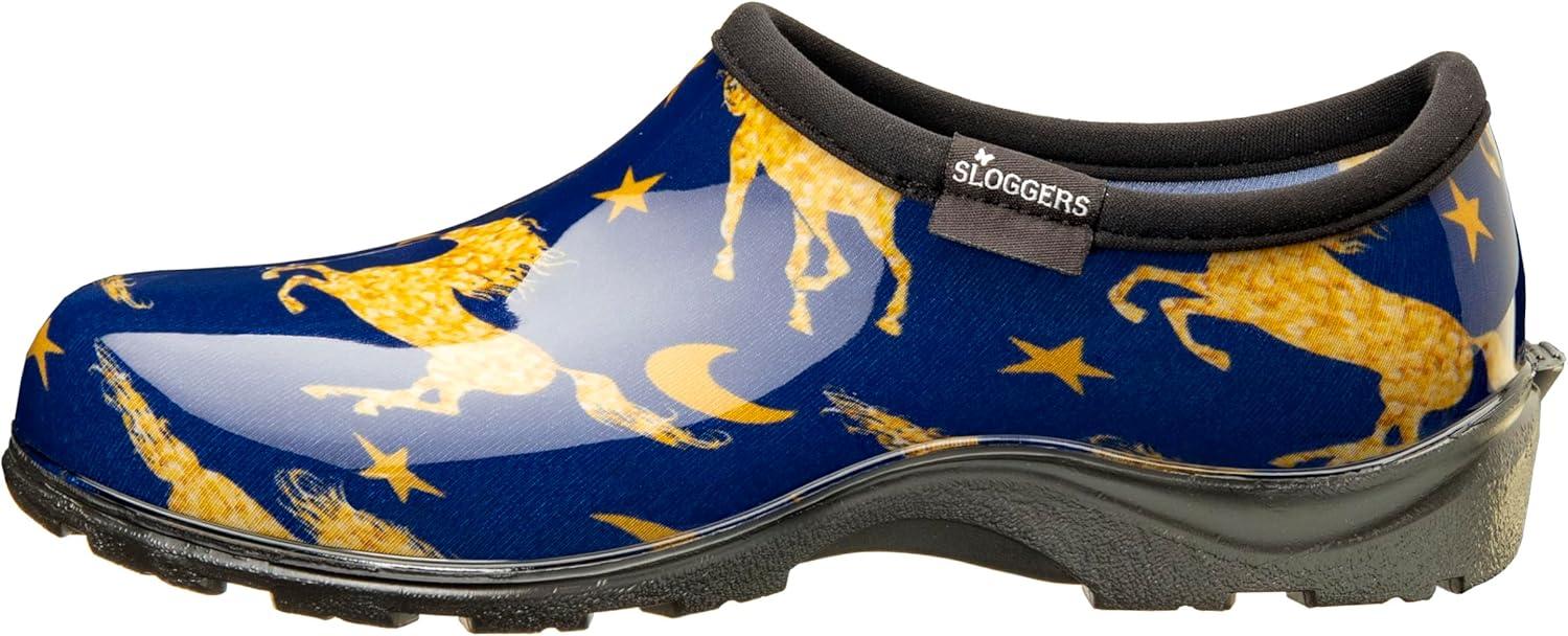imageSloggers Original Waterproof Rain and Garden Shoe for Women Outdoor SlipOn Garden Clog Made in The USA with Premium Comfort Insole and Arch SupportHorse Stars Blue