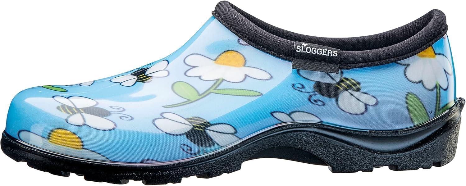 imageSloggers Original Waterproof Rain and Garden Shoe for Women Outdoor SlipOn Garden Clog Made in The USA with Premium Comfort Insole and Arch SupportLt Blue Bee Print