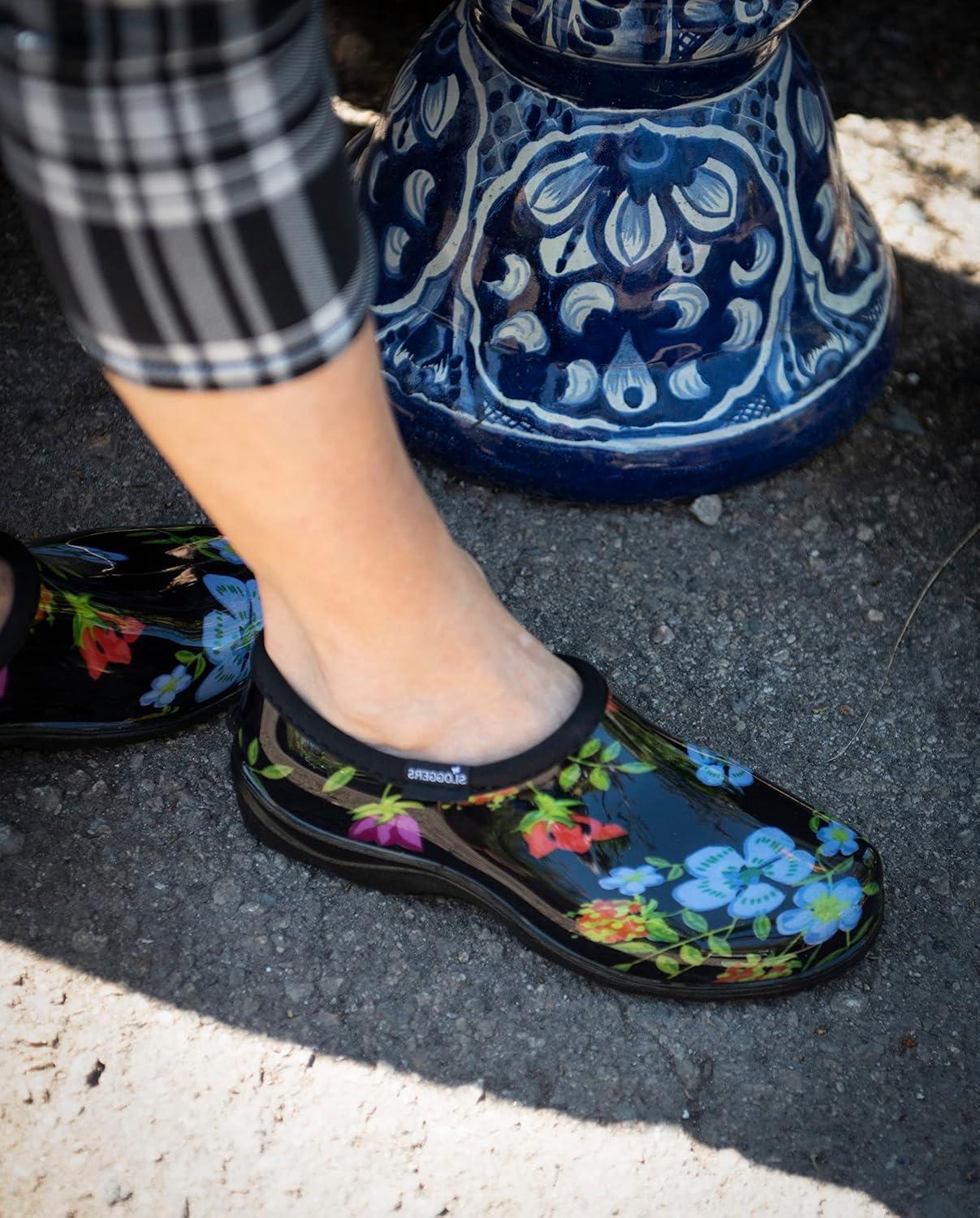 imageSloggers Original Waterproof Rain and Garden Shoe for Women Outdoor SlipOn Garden Clog Made in The USA with Premium Comfort Insole and Arch SupportMeadow Print Black