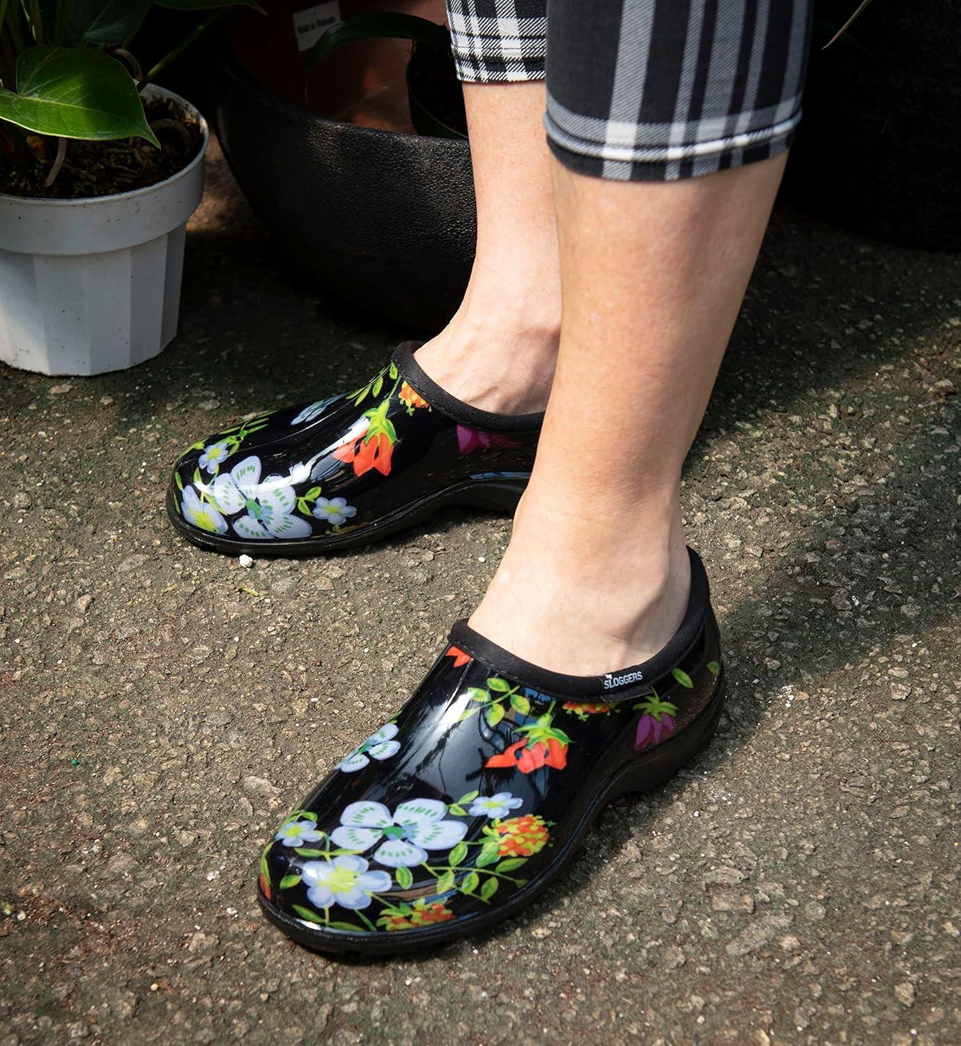 imageSloggers Original Waterproof Rain and Garden Shoe for Women Outdoor SlipOn Garden Clog Made in The USA with Premium Comfort Insole and Arch SupportMeadow Print Black