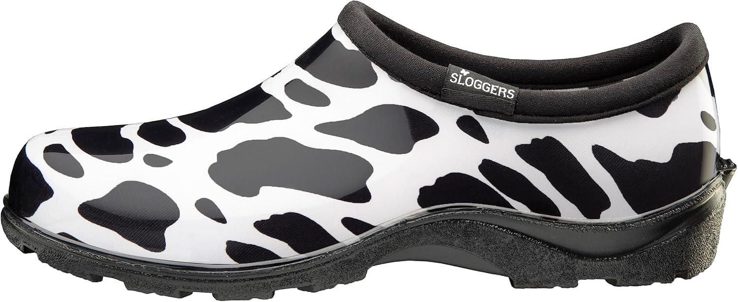 imageSloggers Original Waterproof Rain and Garden Shoe for Women Outdoor SlipOn Garden Clog Made in The USA with Premium Comfort Insole and Arch SupportMoo Print Black White