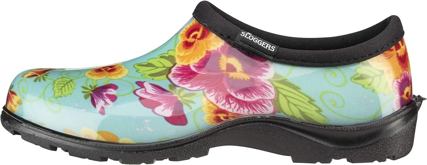 imageSloggers Original Waterproof Rain and Garden Shoe for Women Outdoor SlipOn Garden Clog Made in The USA with Premium Comfort Insole and Arch SupportPansy Print Turquoise