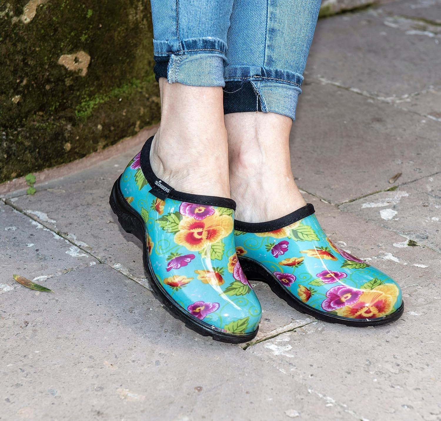imageSloggers Original Waterproof Rain and Garden Shoe for Women Outdoor SlipOn Garden Clog Made in The USA with Premium Comfort Insole and Arch SupportPansy Print Turquoise