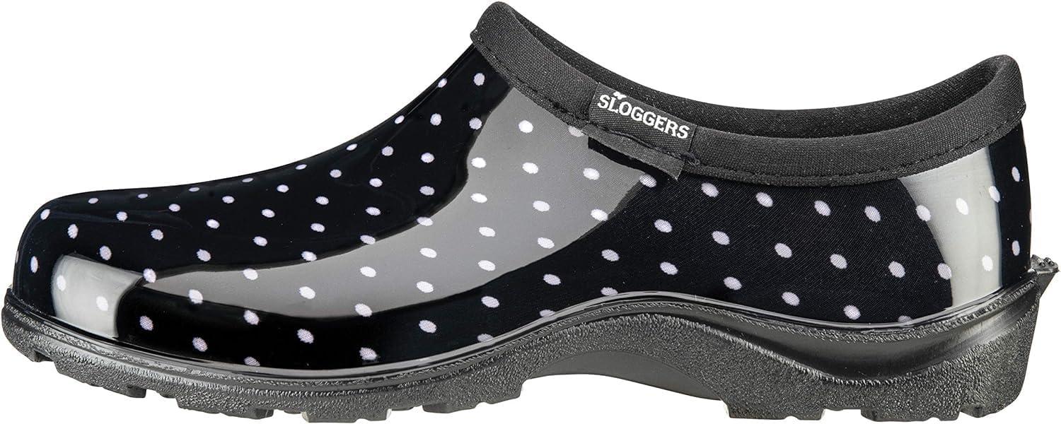 imageSloggers Original Waterproof Rain and Garden Shoe for Women Outdoor SlipOn Garden Clog Made in The USA with Premium Comfort Insole and Arch SupportPolka Dot Print Black and White