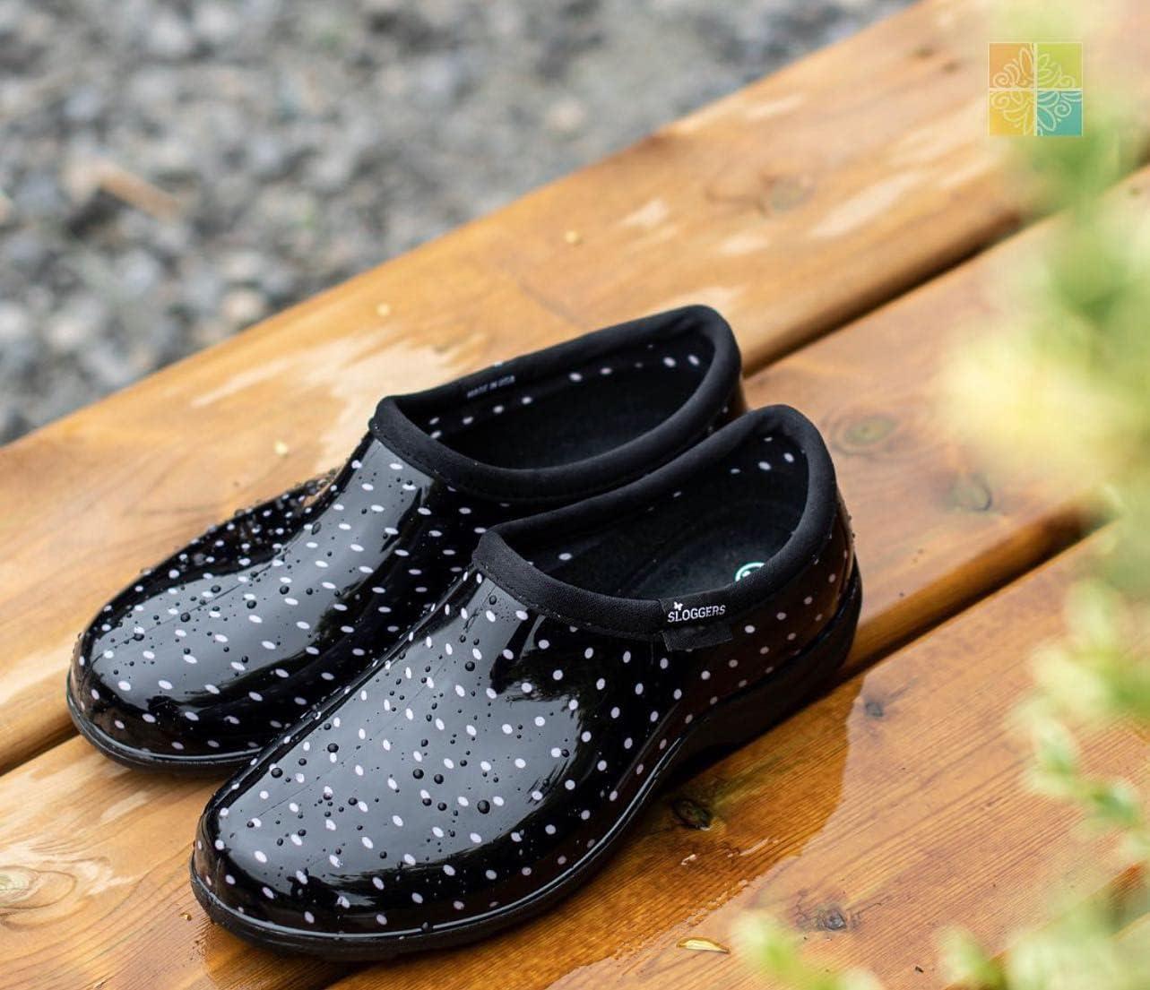 imageSloggers Original Waterproof Rain and Garden Shoe for Women Outdoor SlipOn Garden Clog Made in The USA with Premium Comfort Insole and Arch SupportPolka Dot Print Black and White