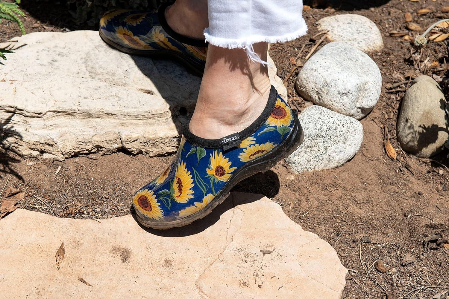 imageSloggers Original Waterproof Rain and Garden Shoe for Women Outdoor SlipOn Garden Clog Made in The USA with Premium Comfort Insole and Arch SupportSunflower Print Blue