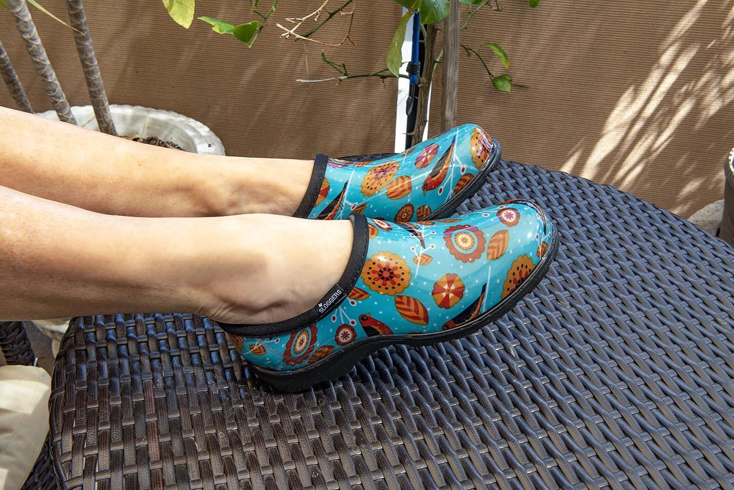 imageSloggers Original Waterproof Rain and Garden Shoe for Women Outdoor SlipOn Garden Clog Made in The USA with Premium Comfort Insole and Arch SupportTq Bird Print Turquoise