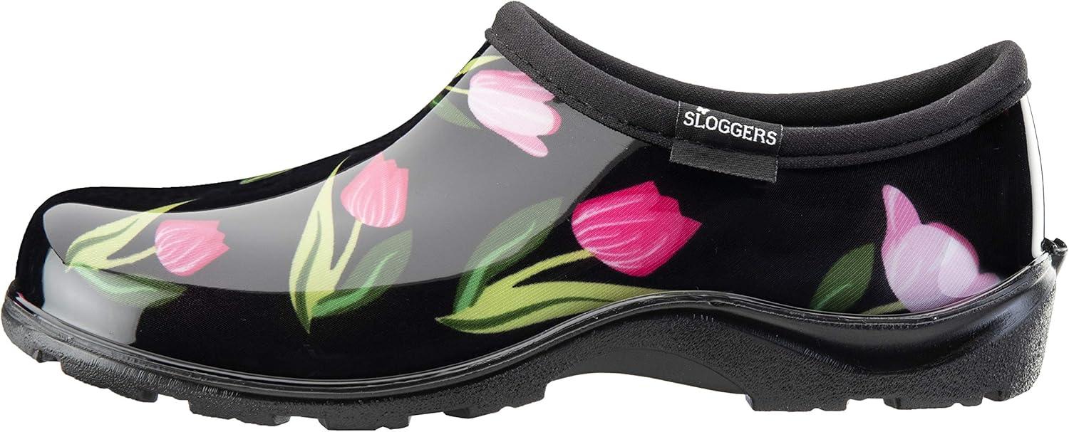 imageSloggers Original Waterproof Rain and Garden Shoe for Women Outdoor SlipOn Garden Clog Made in The USA with Premium Comfort Insole and Arch SupportTulip Black Print
