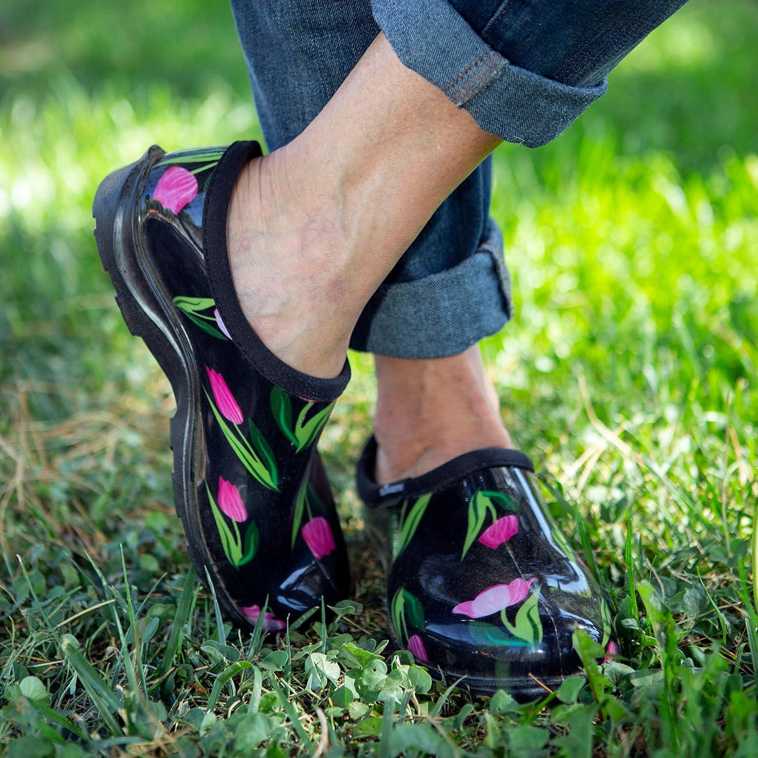 imageSloggers Original Waterproof Rain and Garden Shoe for Women Outdoor SlipOn Garden Clog Made in The USA with Premium Comfort Insole and Arch SupportTulip Black Print
