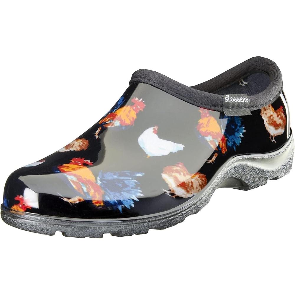 imageSloggers Original Waterproof Rain and Garden Shoe for Women Outdoor SlipOn Garden Clog  Made in The USA with Premium Comfort Insole and Arch SupportClassic Chicken Black