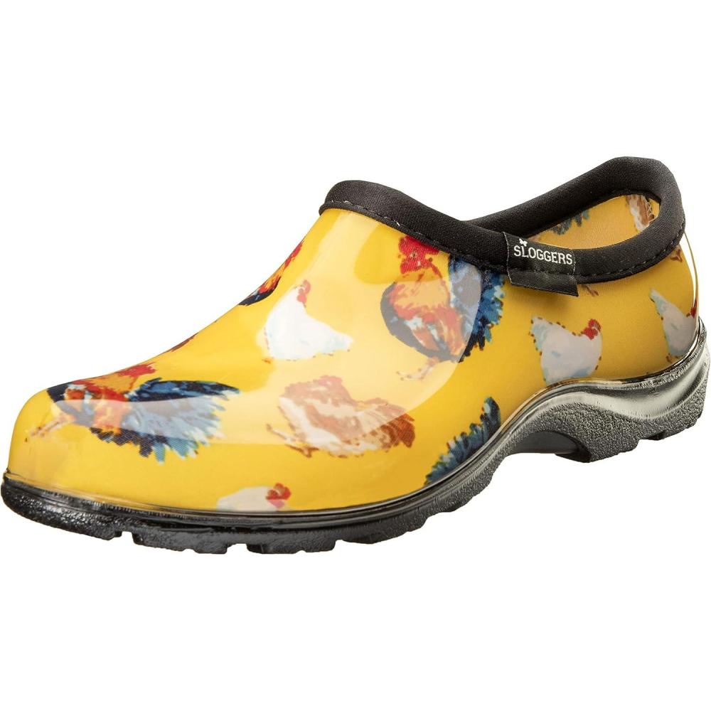 imageSloggers Original Waterproof Rain and Garden Shoe for Women Outdoor SlipOn Garden Clog Made in The USA with Premium Comfort Insole and Arch SupportClassic Chicken Print Yellow