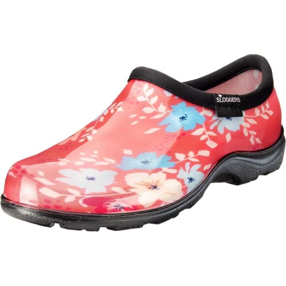 imageSloggers Original Waterproof Rain and Garden Shoe for Women Outdoor SlipOn Garden Clog  Made in The USA with Premium Comfort Insole and Arch SupportFloral Fun Coral