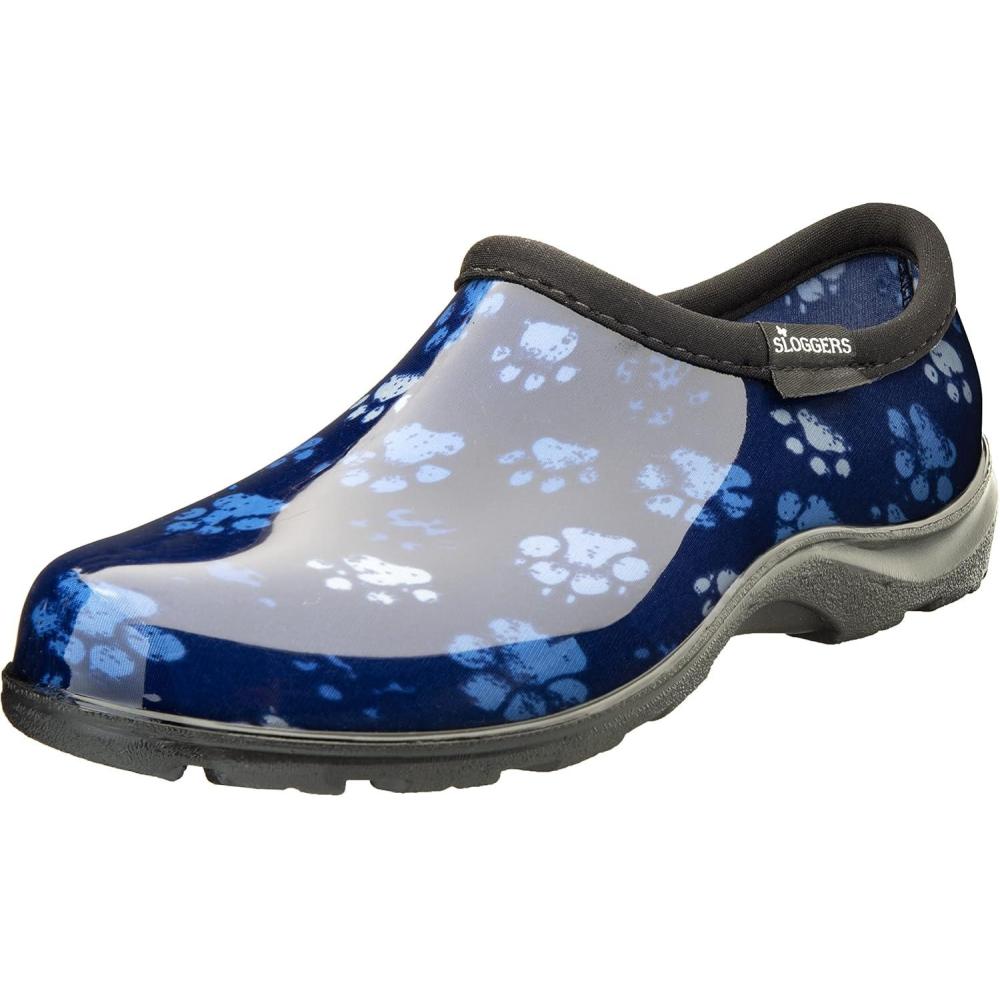 imageSloggers Original Waterproof Rain and Garden Shoe for Women Outdoor SlipOn Garden Clog  Made in The USA with Premium Comfort Insole and Arch SupportGrungy Paw Print Blue
