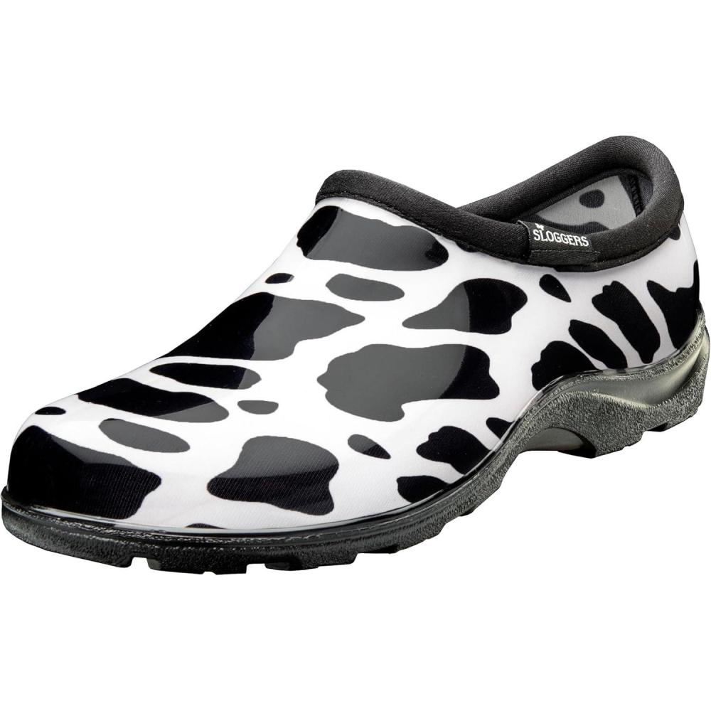 imageSloggers Original Waterproof Rain and Garden Shoe for Women Outdoor SlipOn Garden Clog Made in The USA with Premium Comfort Insole and Arch SupportMoo Print Black White