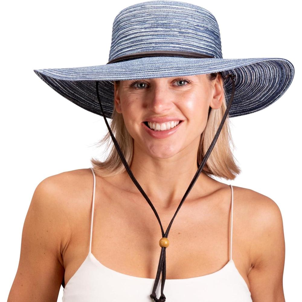 imageSloggers Womens Wide Brim Braided Sun Hat with Wind Lanyard  UPF 50 Maximum Sun ProtectionBlue