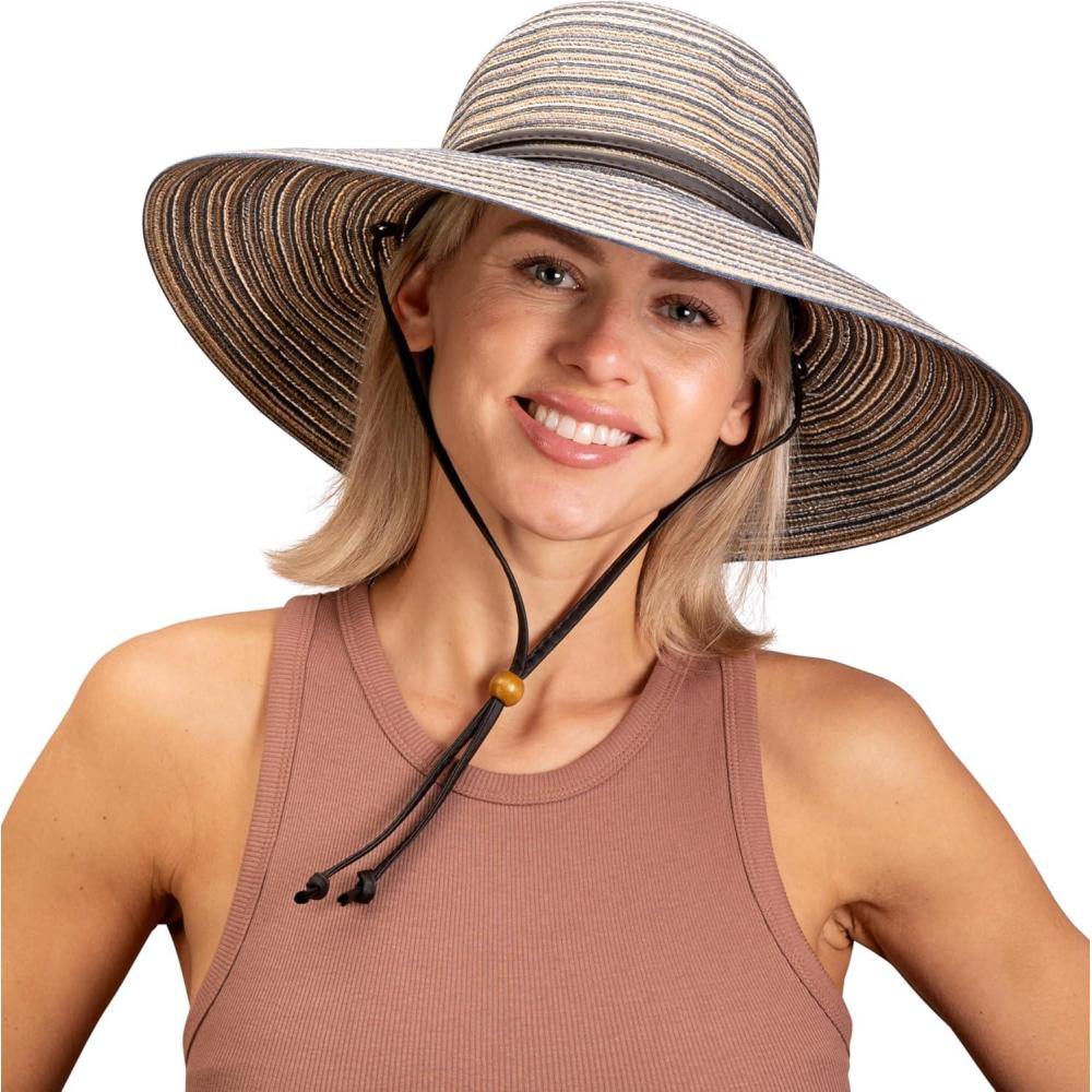 imageSloggers Womens Wide Brim Braided Sun Hat with Wind Lanyard  UPF 50 Maximum Sun ProtectionEarth Brown