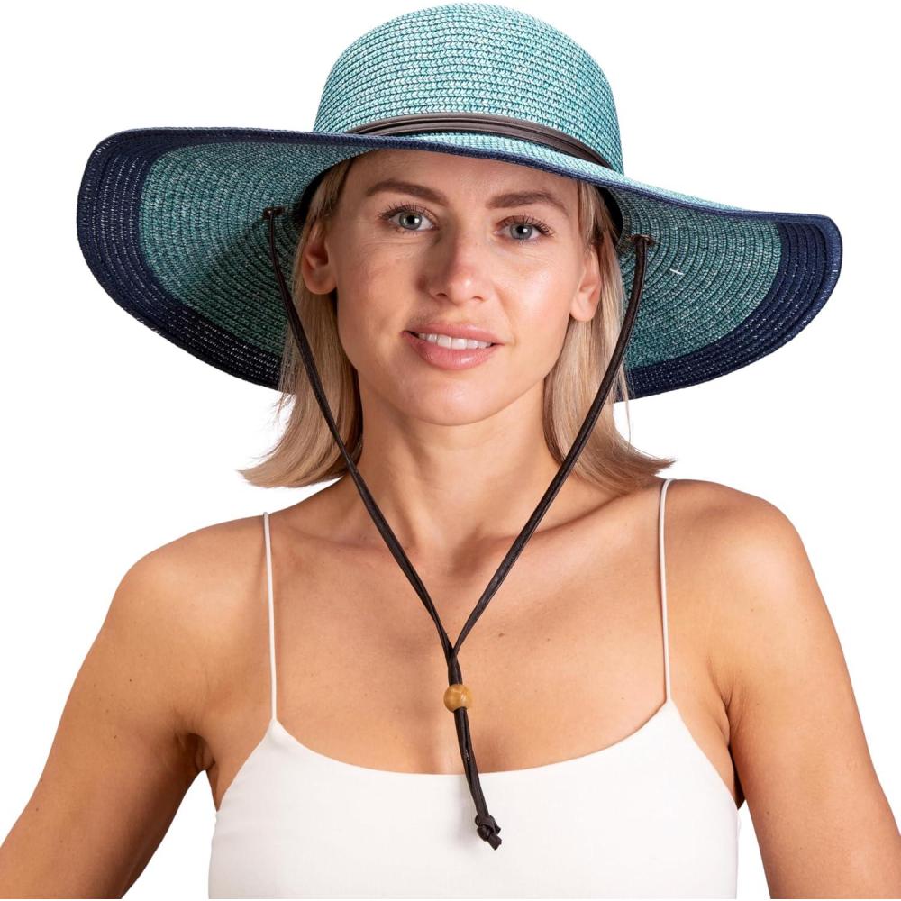 imageSloggers Womens Wide Brim Braided Sun Hat with Wind Lanyard  UPF 50 Maximum Sun ProtectionGrey Blue
