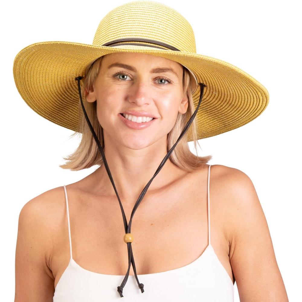 imageSloggers Womens Wide Brim Braided Sun Hat with Wind Lanyard UPF 50 Maximum Sun ProtectionLight Brown